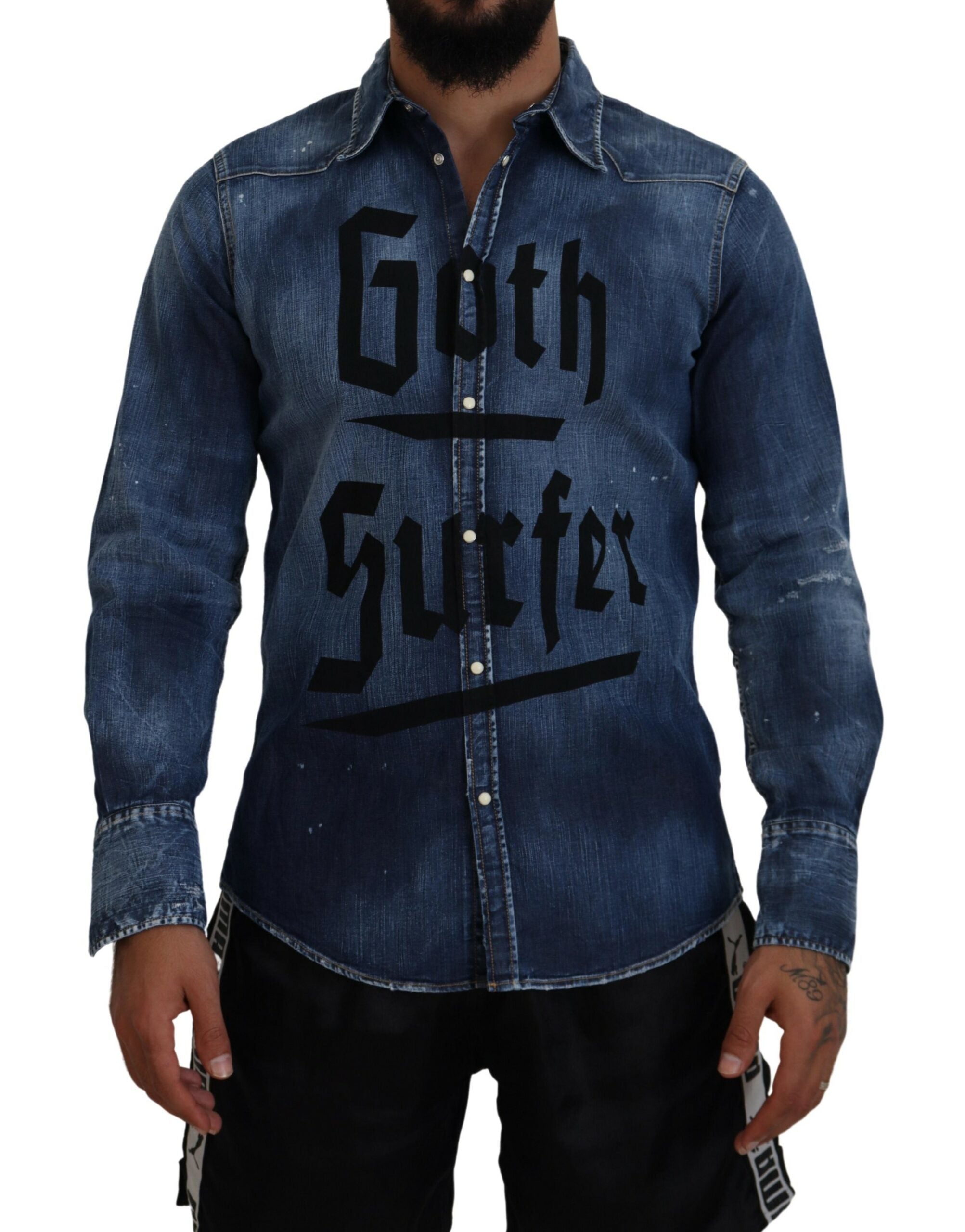 Blauw gewassen Goth Surfer Print Heren Denim Overhemd