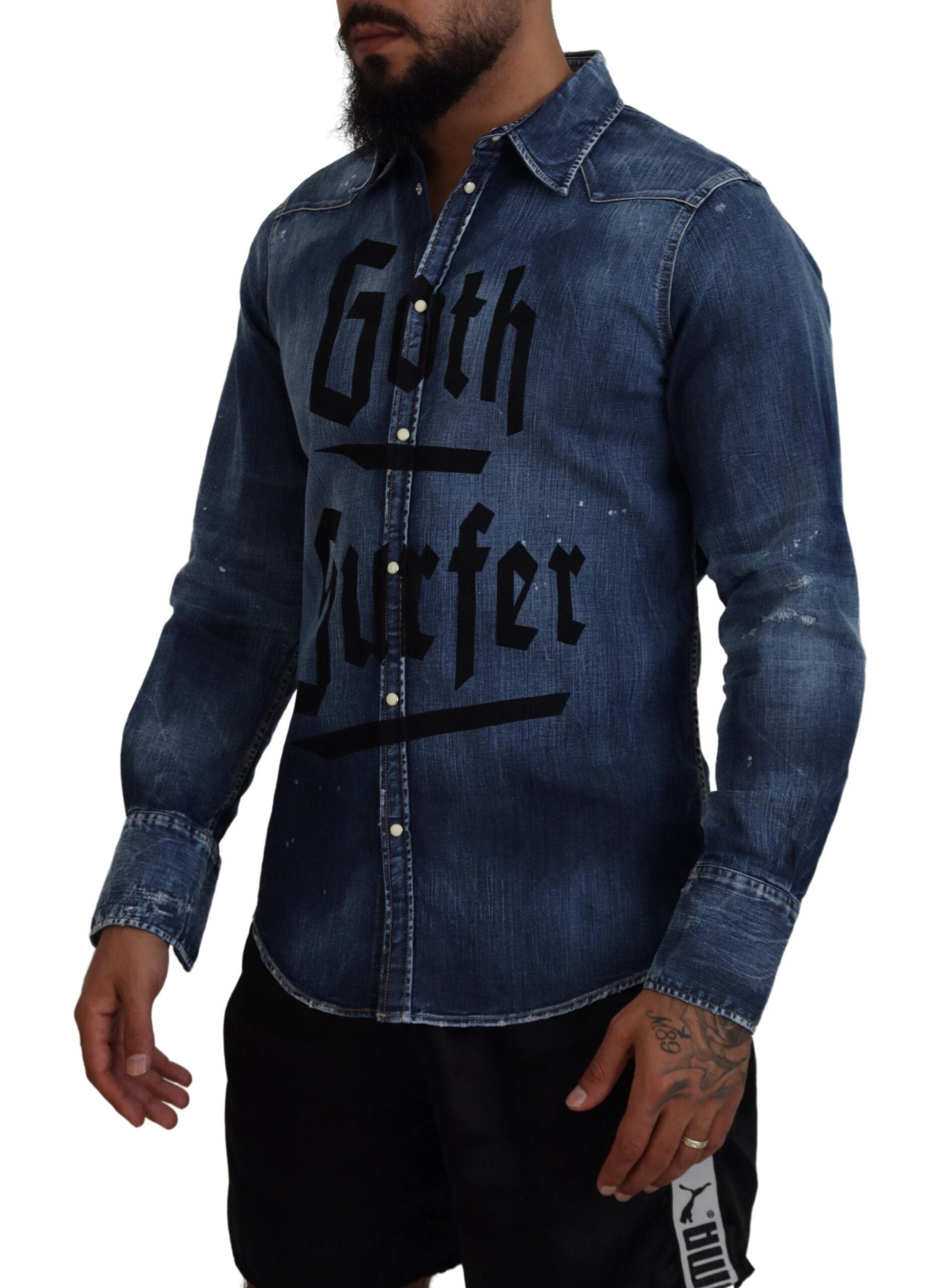 Blauw gewassen Goth Surfer Print Heren Denim Overhemd