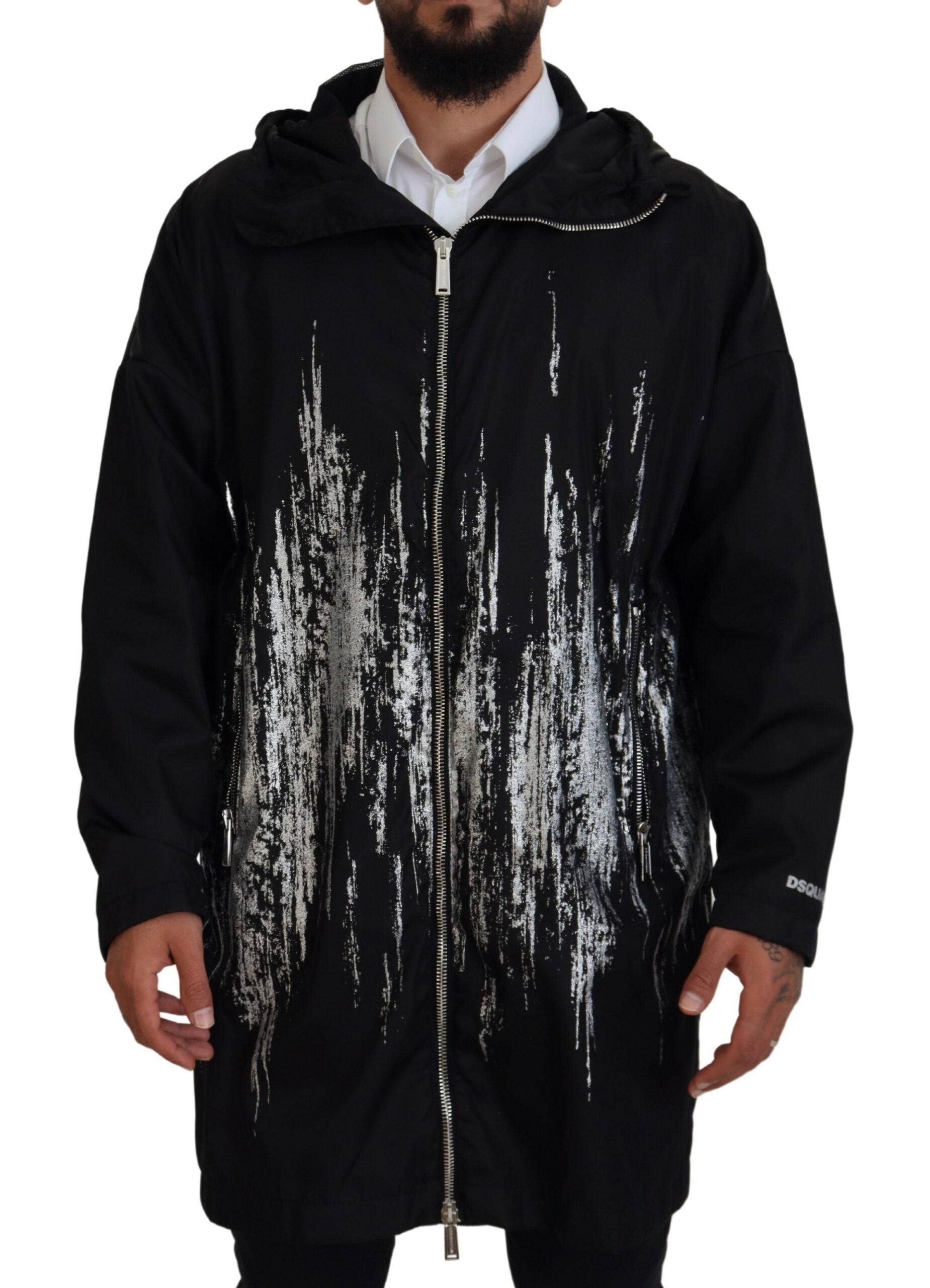 Zwart-witte print lange capuchonjas nylon jas