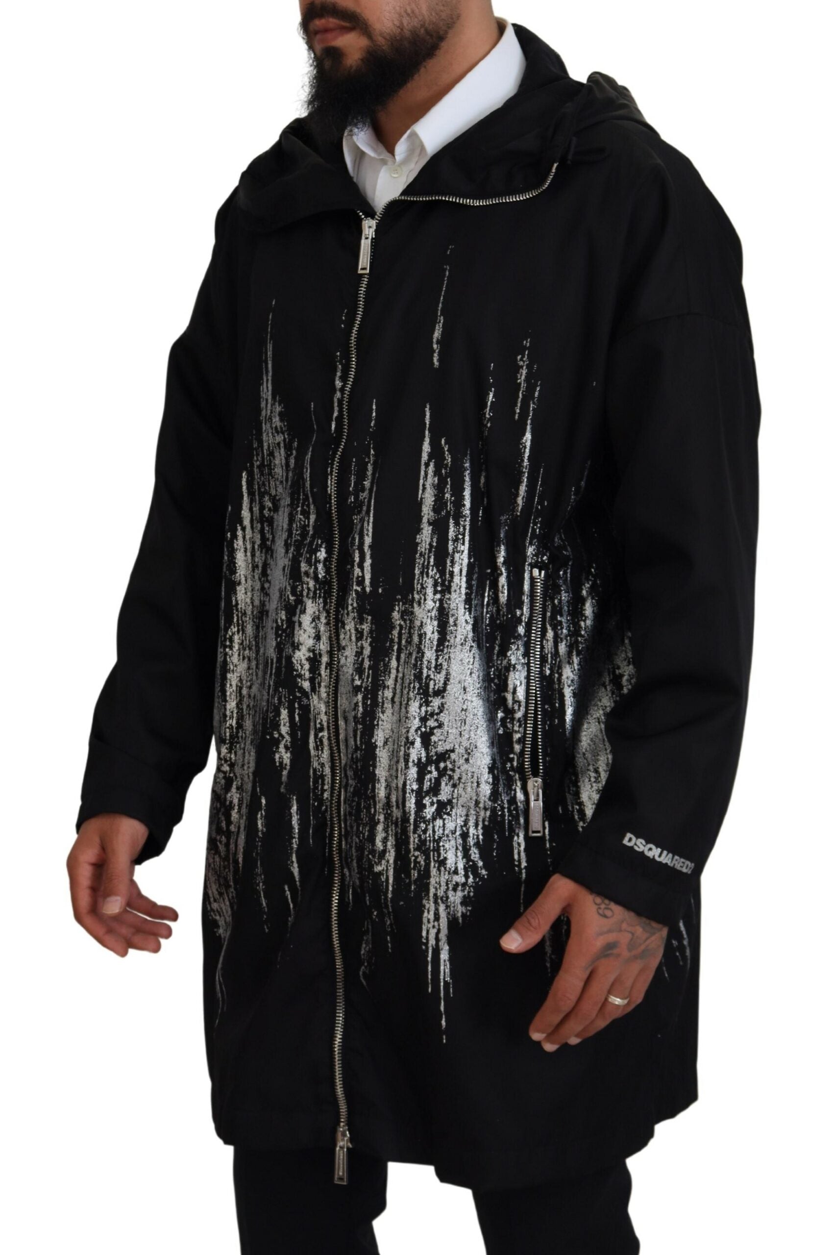 Zwart-witte print lange capuchonjas nylon jas