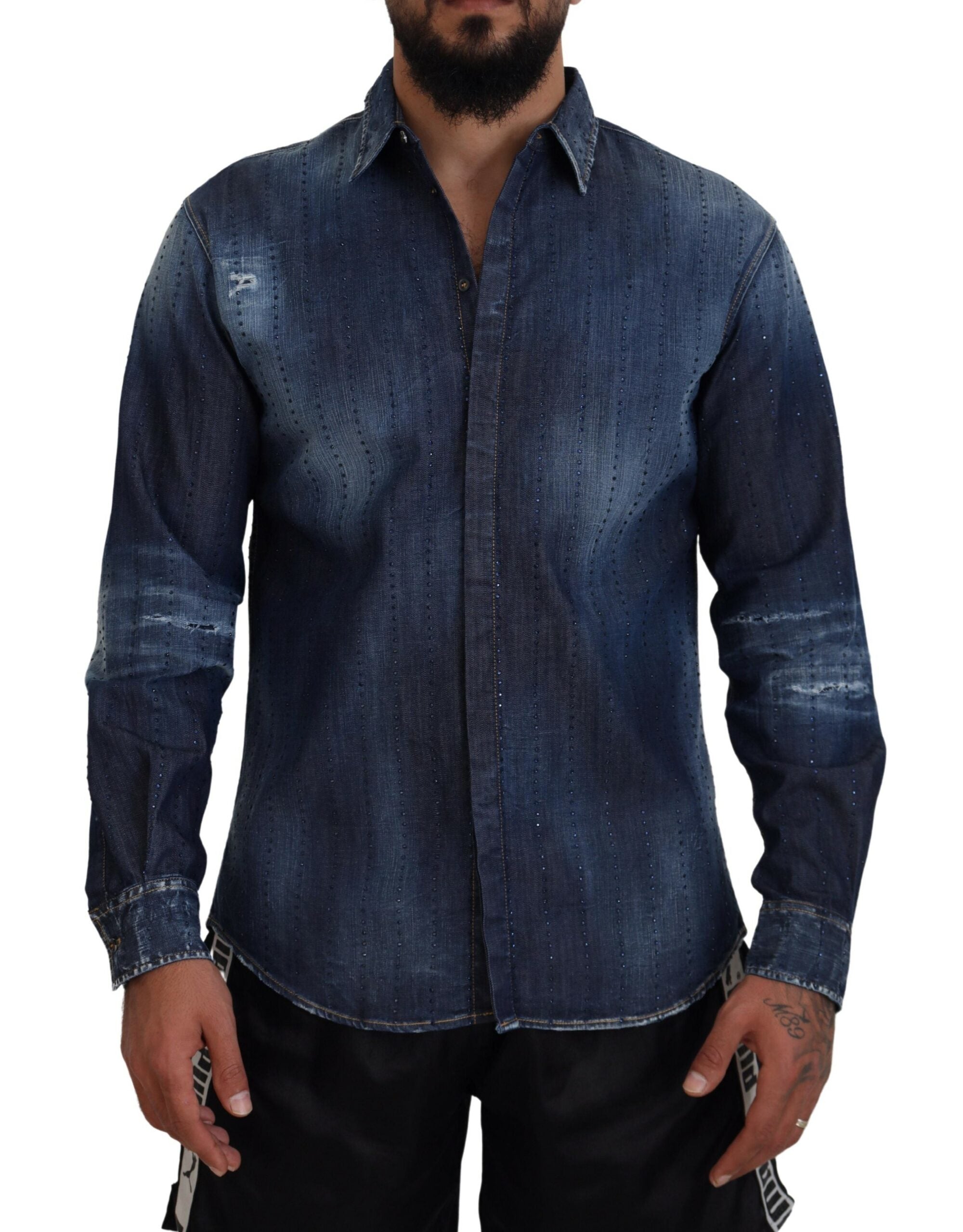 Blauw denim overhemd met gehavende kristallen