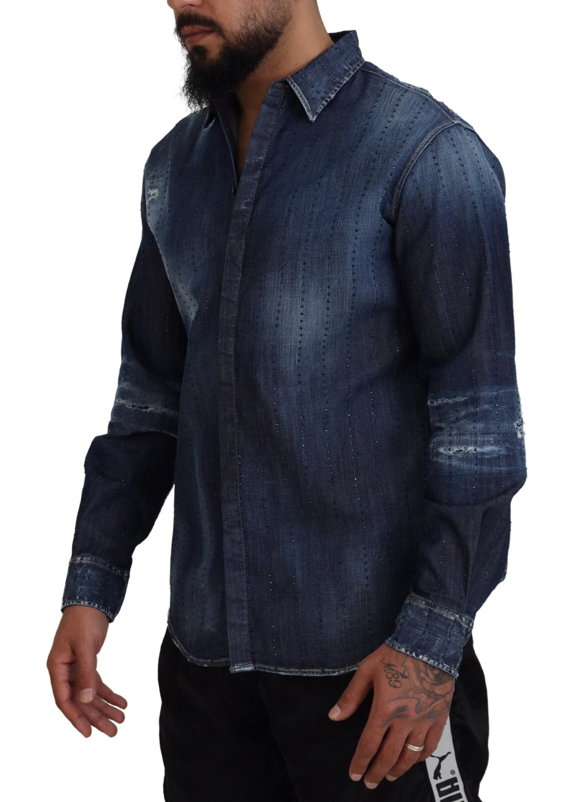 Blauw denim overhemd met gehavende kristallen