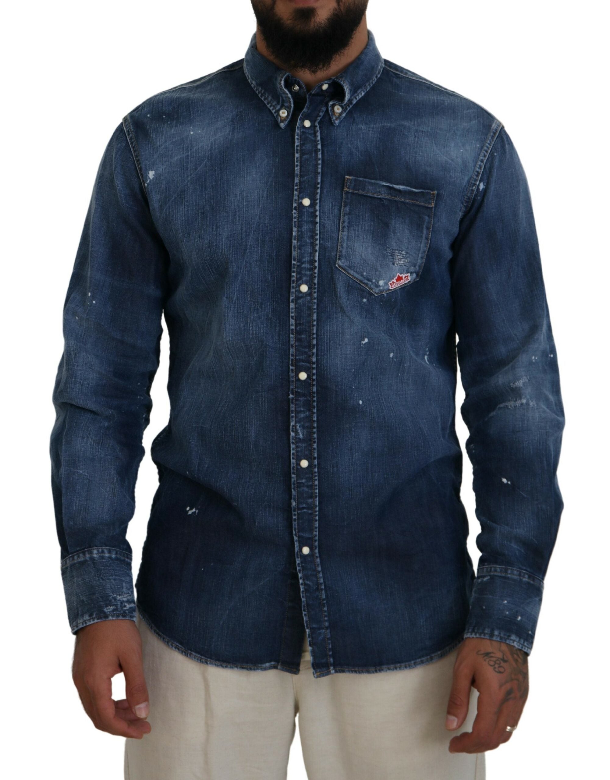 Blauw gewassen overhemd met kraag voor heren, casual, lange mouwen