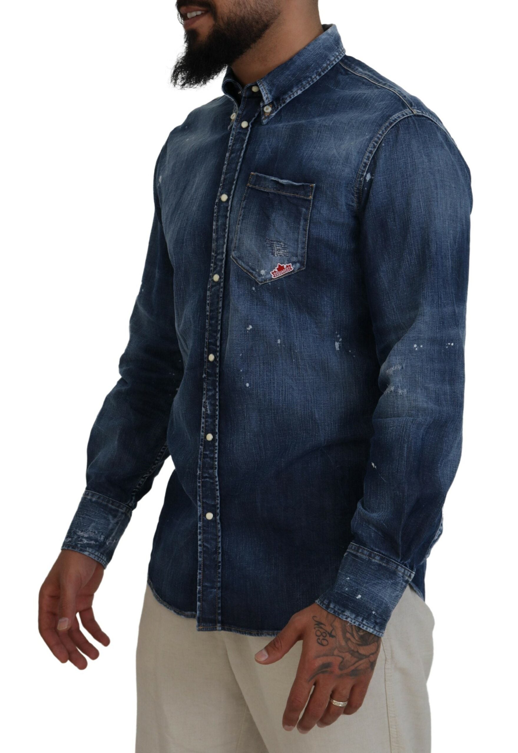 Blauw gewassen overhemd met kraag voor heren, casual, lange mouwen