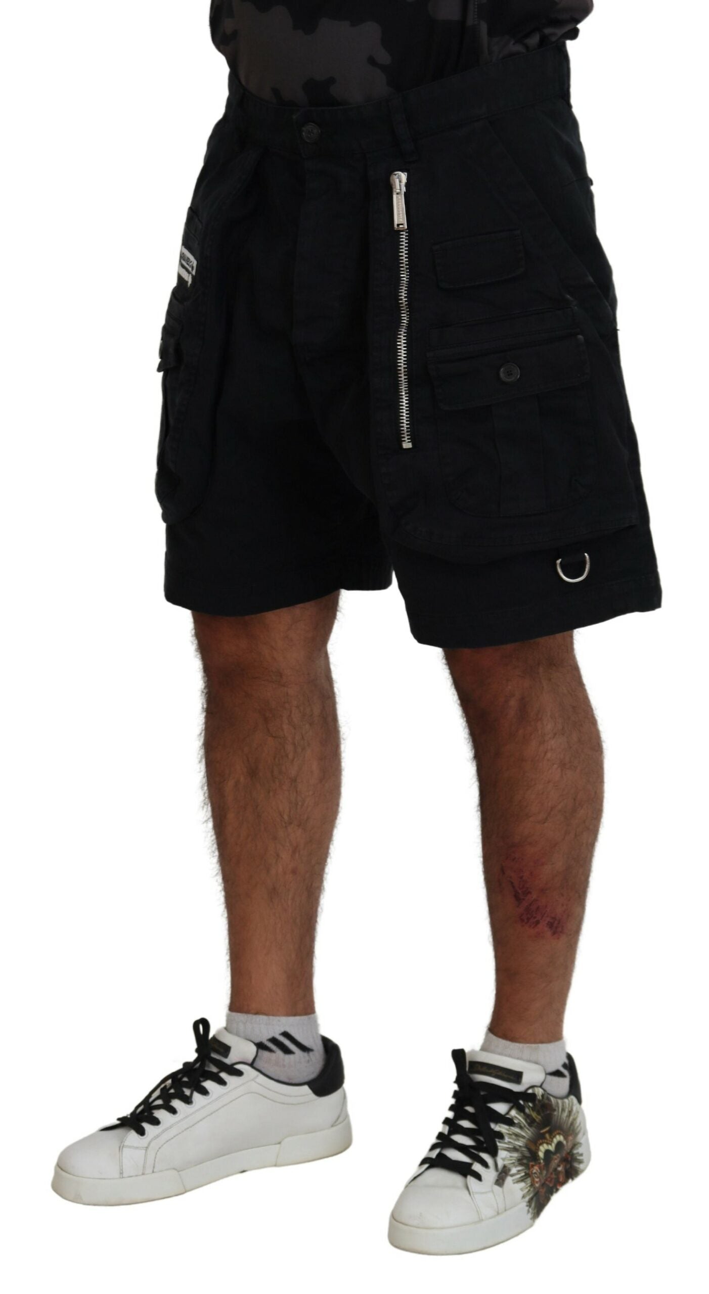 Zwarte katoenen cargo boxershorts tot boven de knie