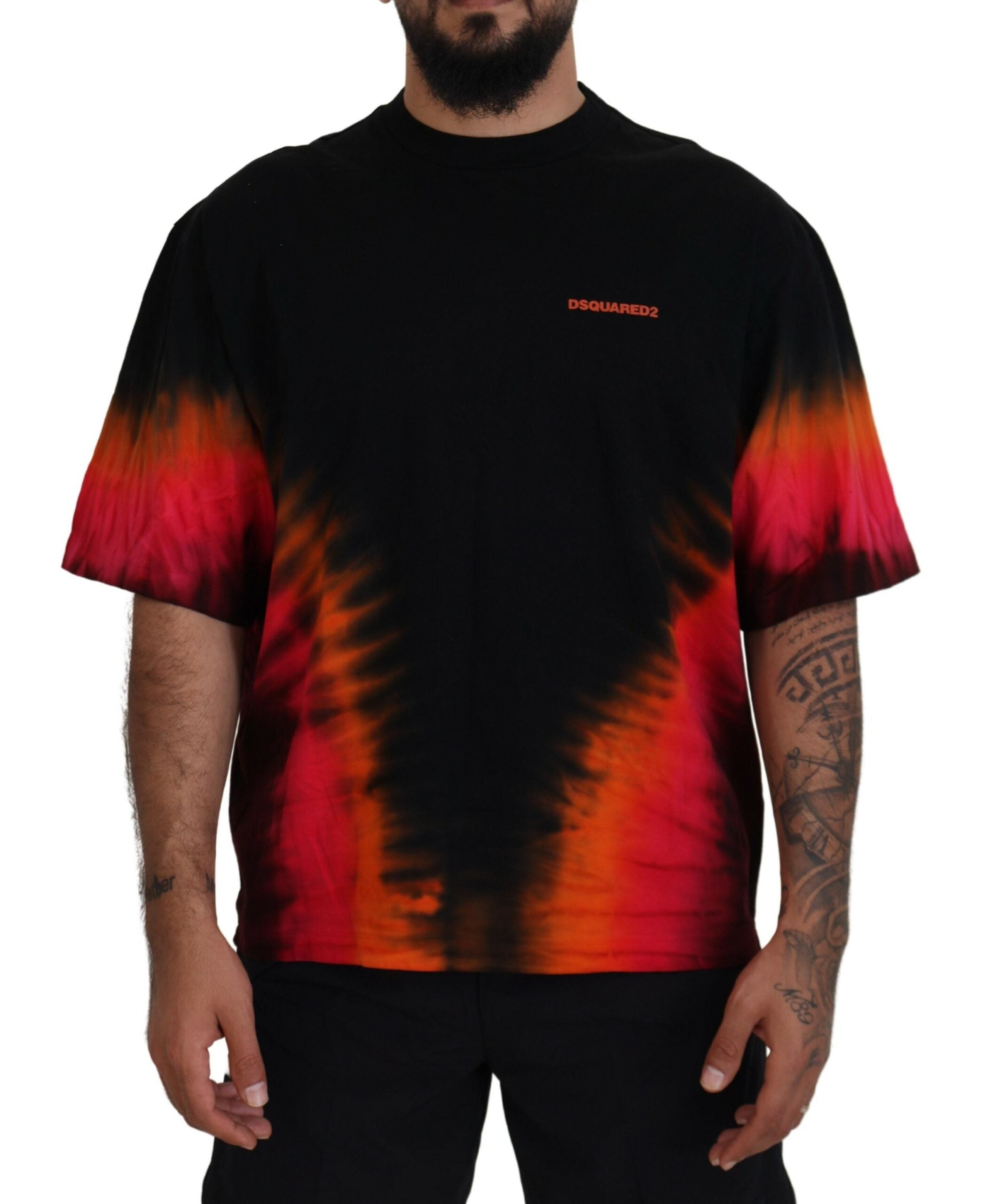Zwart oranje katoenen T-shirt met korte mouwen en ronde hals