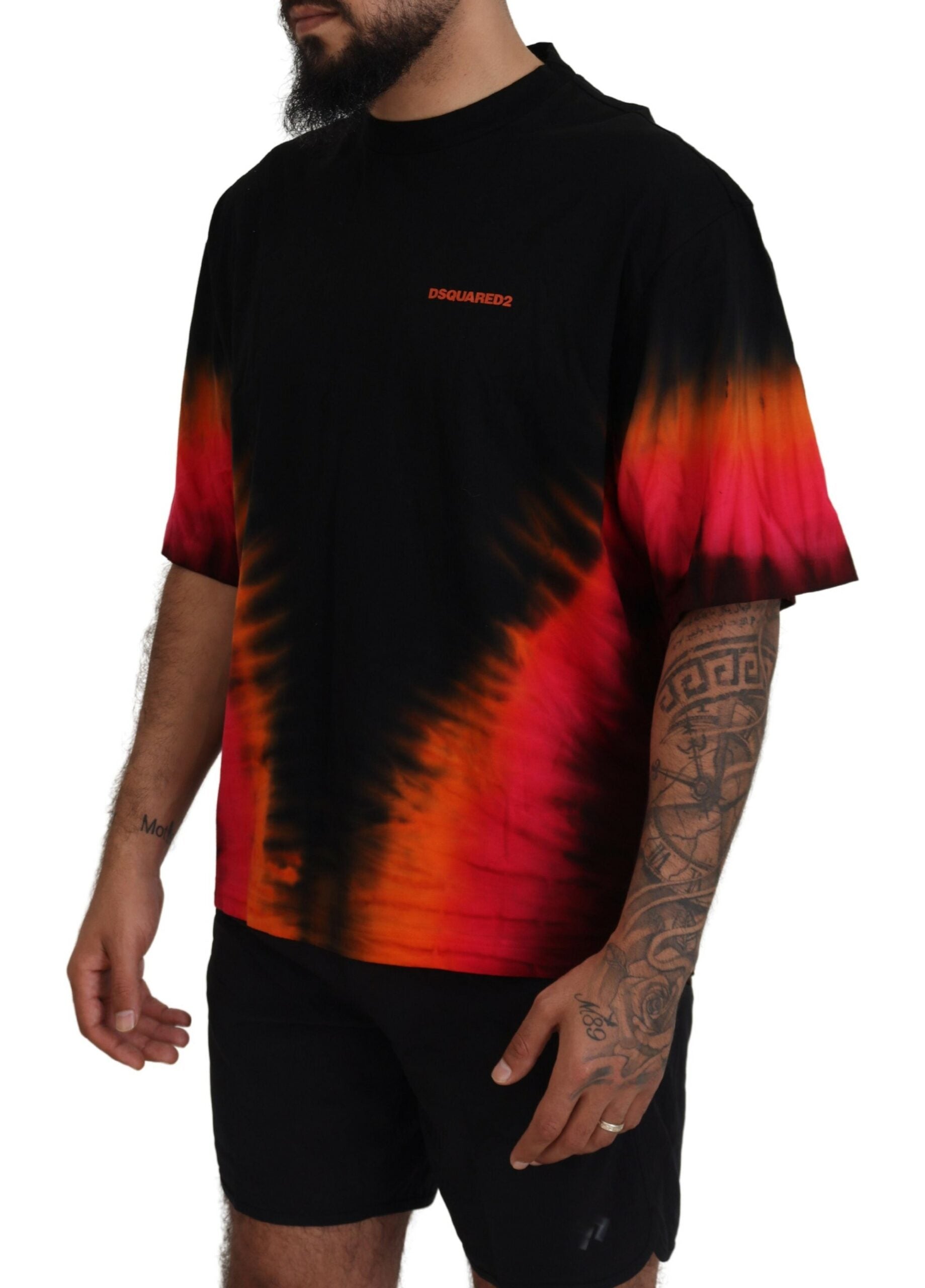 Zwart oranje katoenen T-shirt met korte mouwen en ronde hals