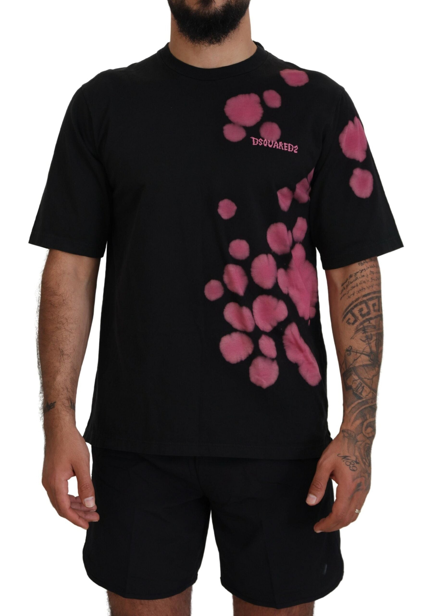 Zwart roze katoenen T-shirt met korte mouwen en ronde hals