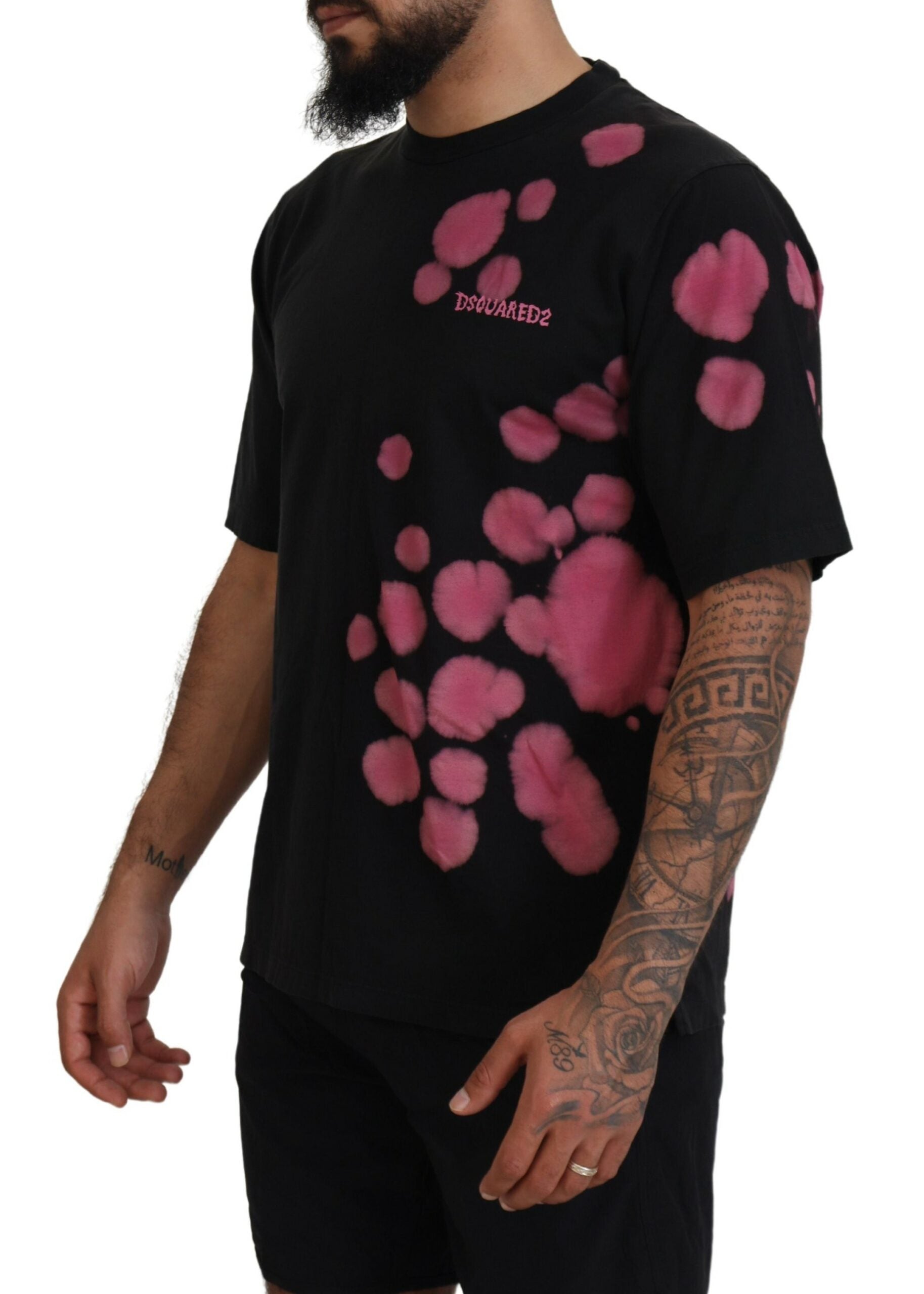 Zwart roze katoenen T-shirt met korte mouwen en ronde hals