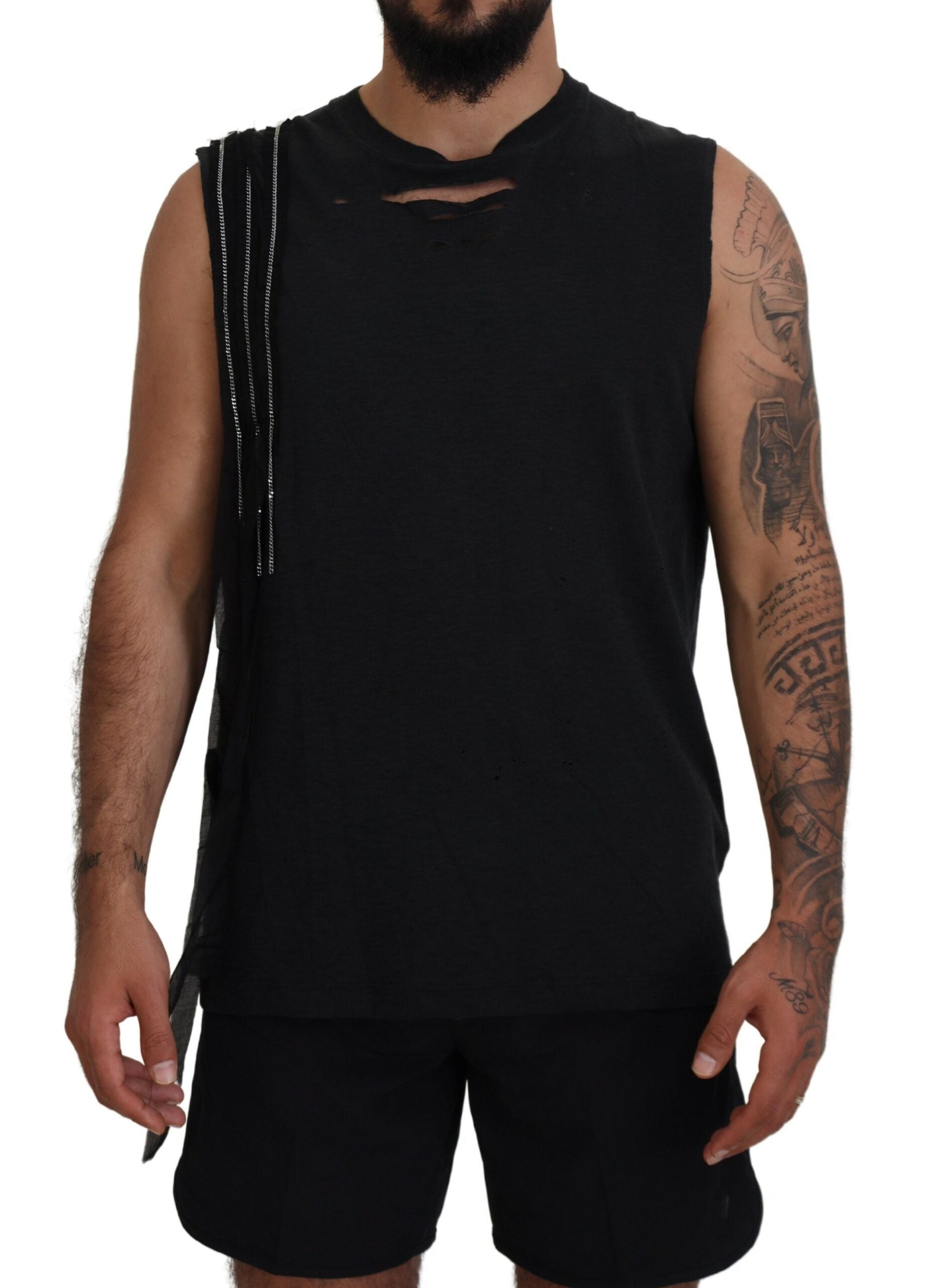 Zwarte, met ketting versierde, mouwloze tanktop voor heren
