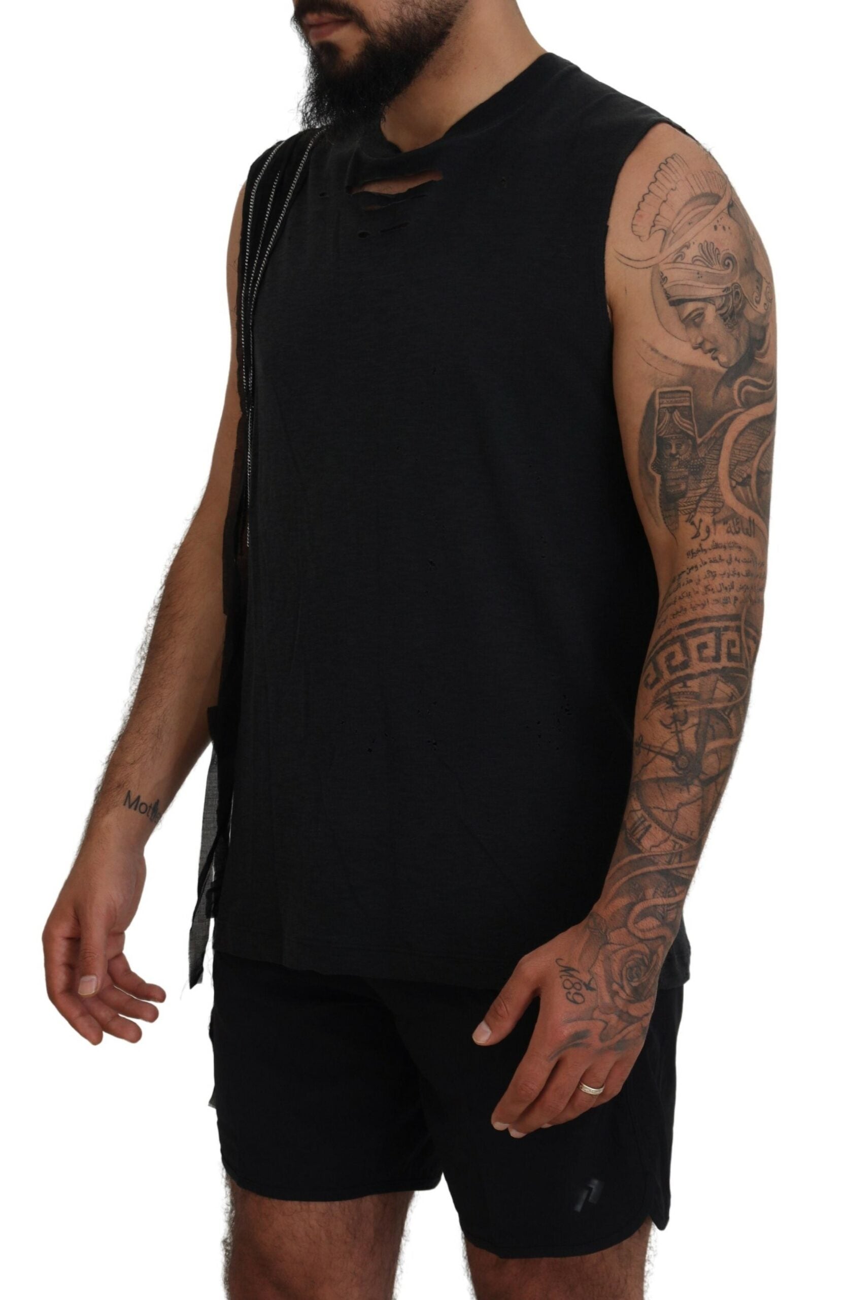 Zwarte, met ketting versierde, mouwloze tanktop voor heren