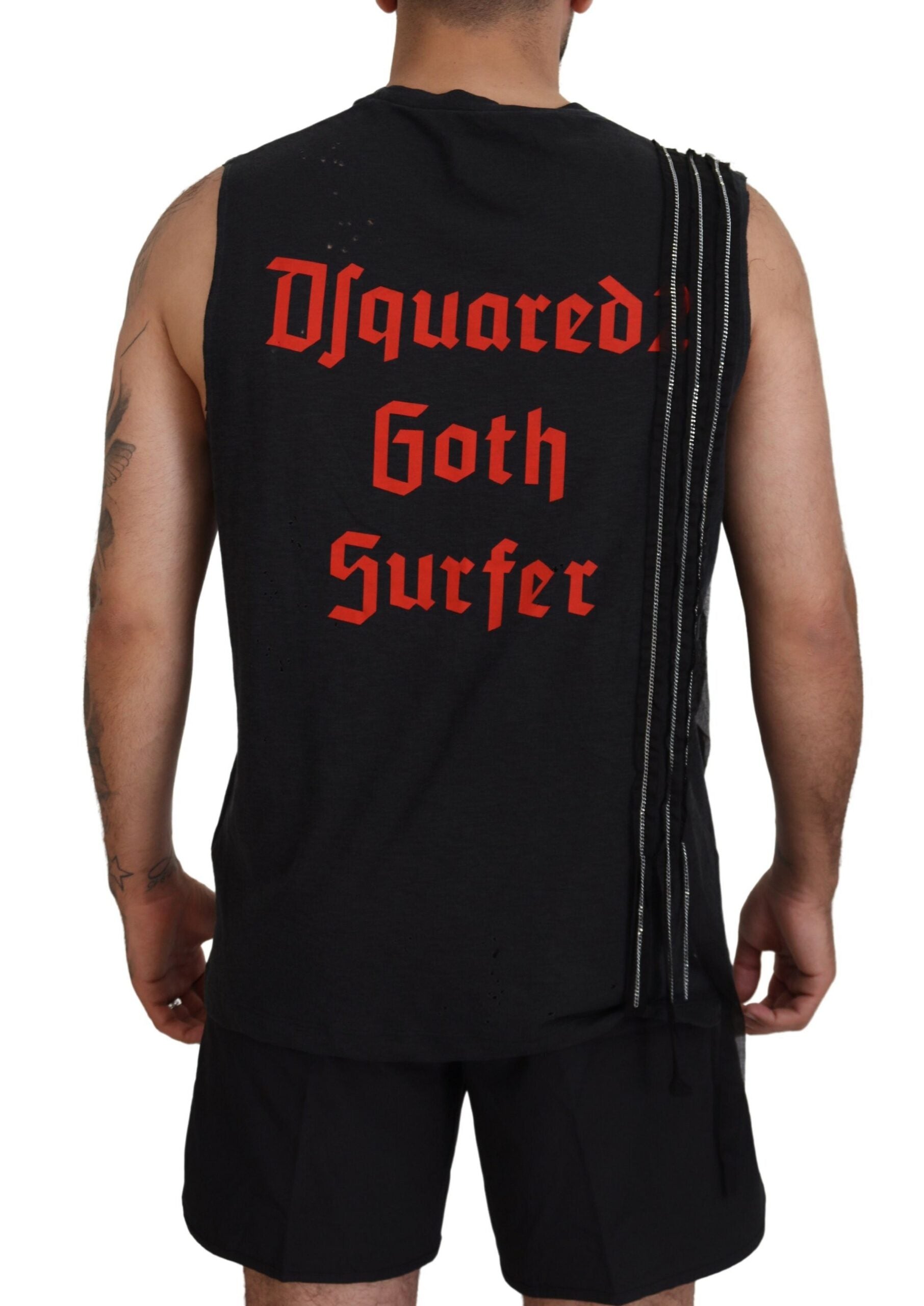 Zwarte, met ketting versierde, mouwloze tanktop voor heren