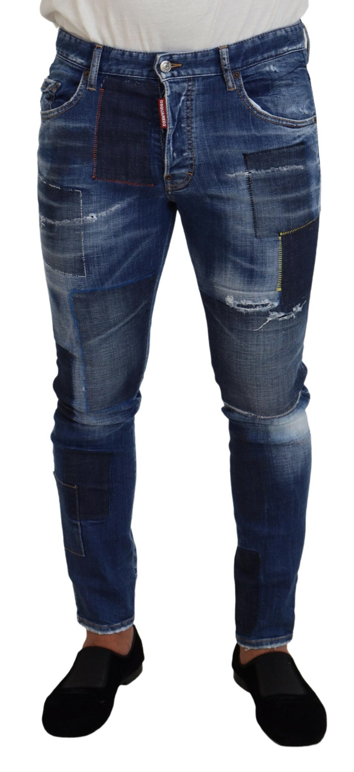 Blauwe gewassen patchwork skinny heren denim jeans