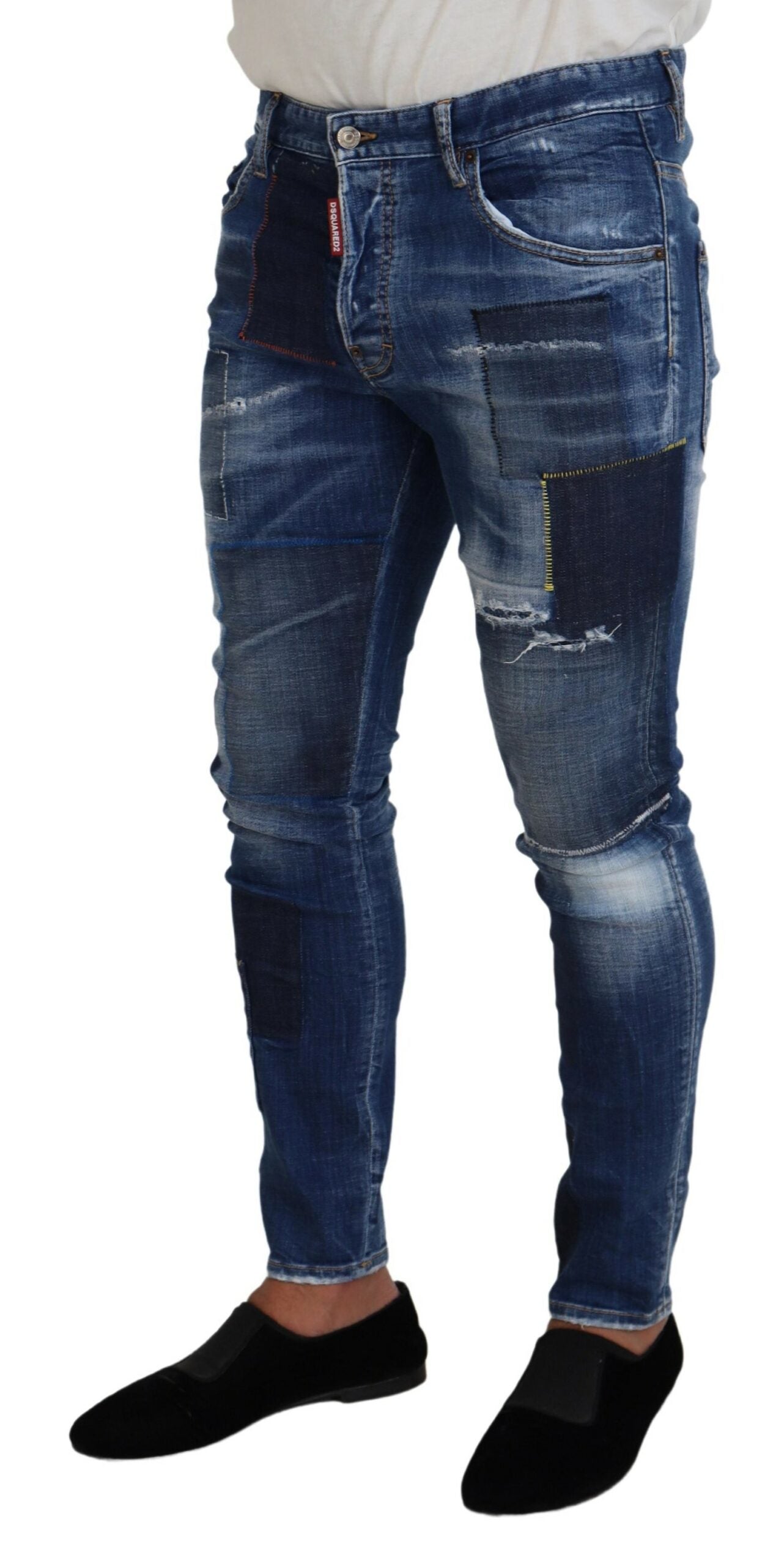 Blauwe gewassen patchwork skinny heren denim jeans