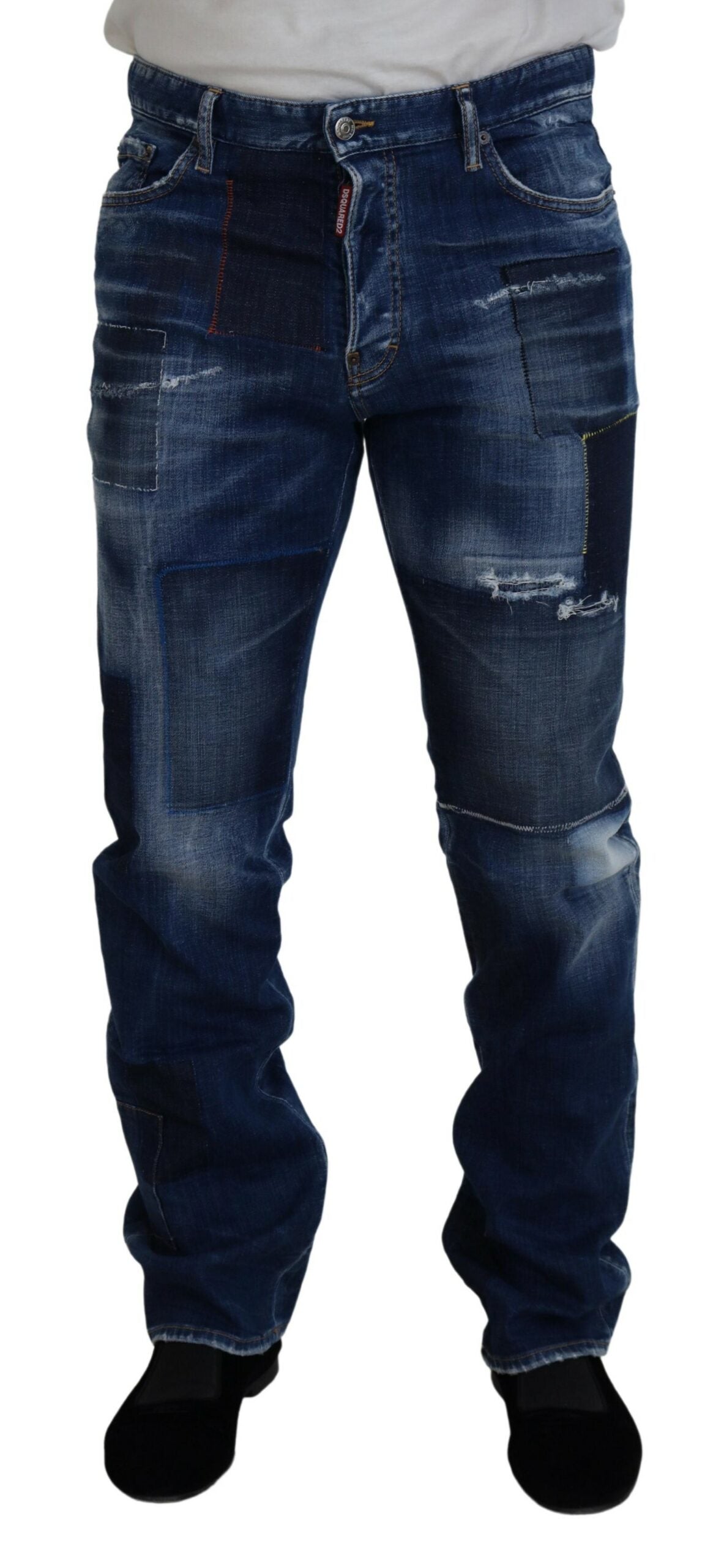 Blauwe gewassen patchwork straight fit denim jeans