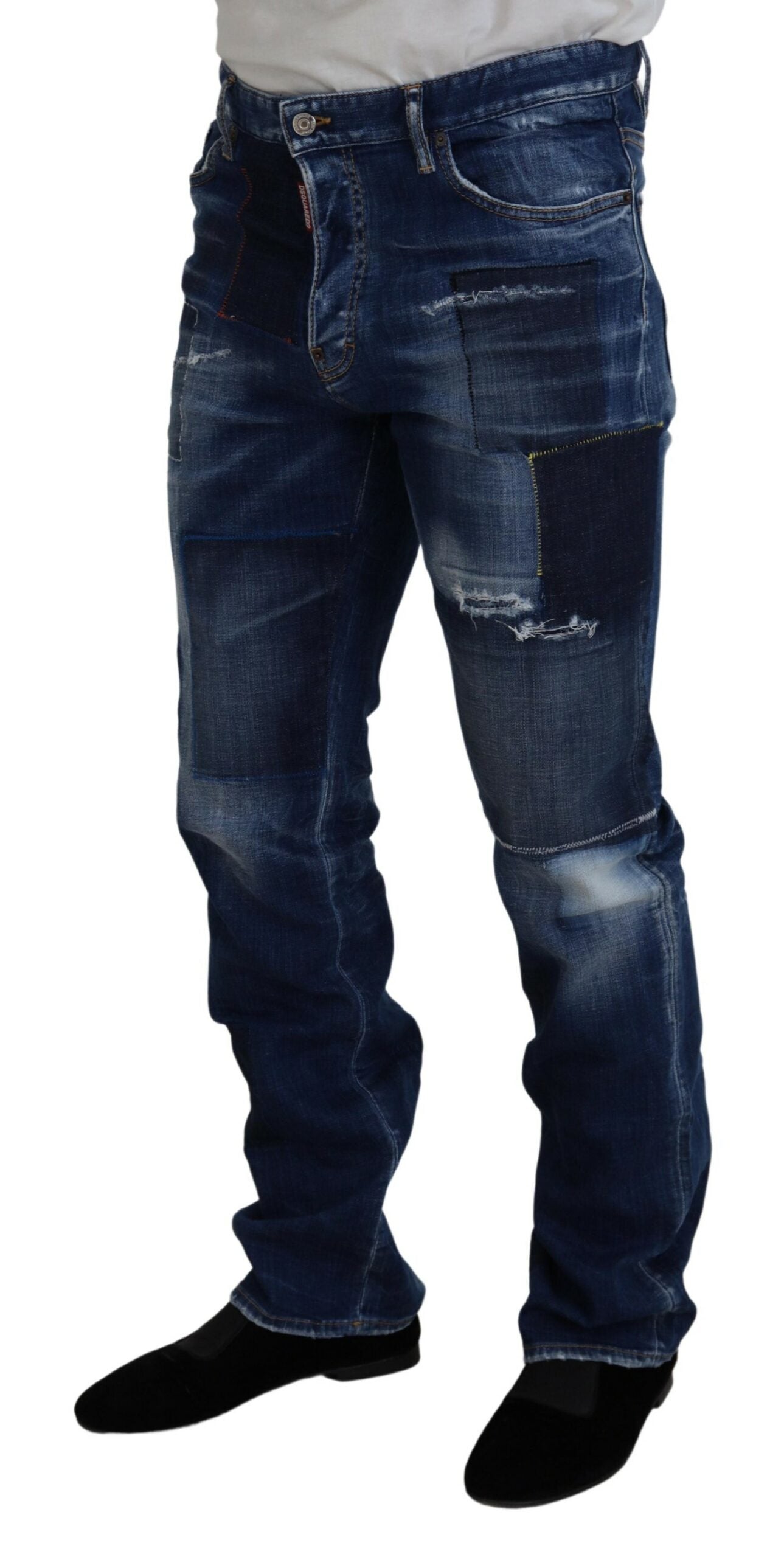 Blauwe gewassen patchwork straight fit denim jeans