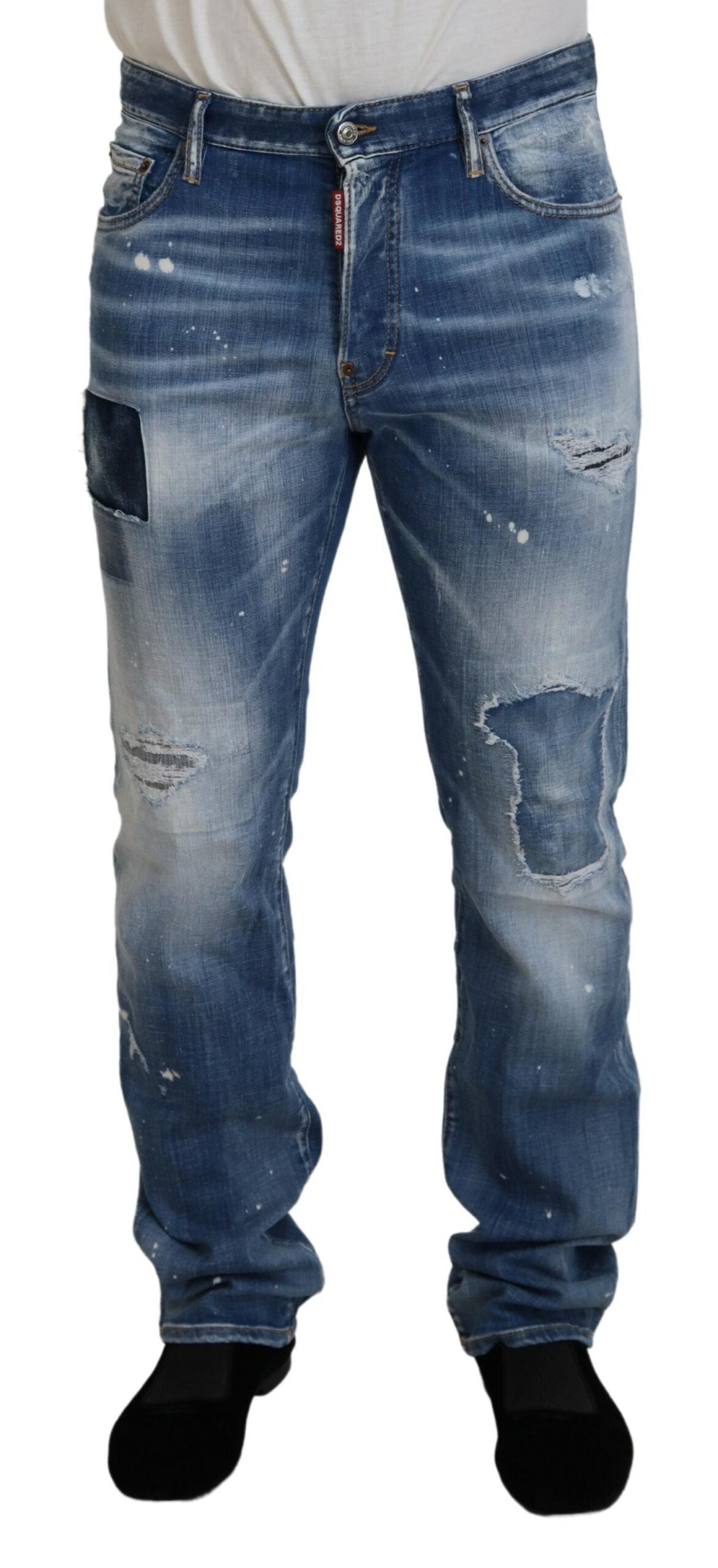 Blauwe gewassen gescheurde rechte jeans met casual pasvorm