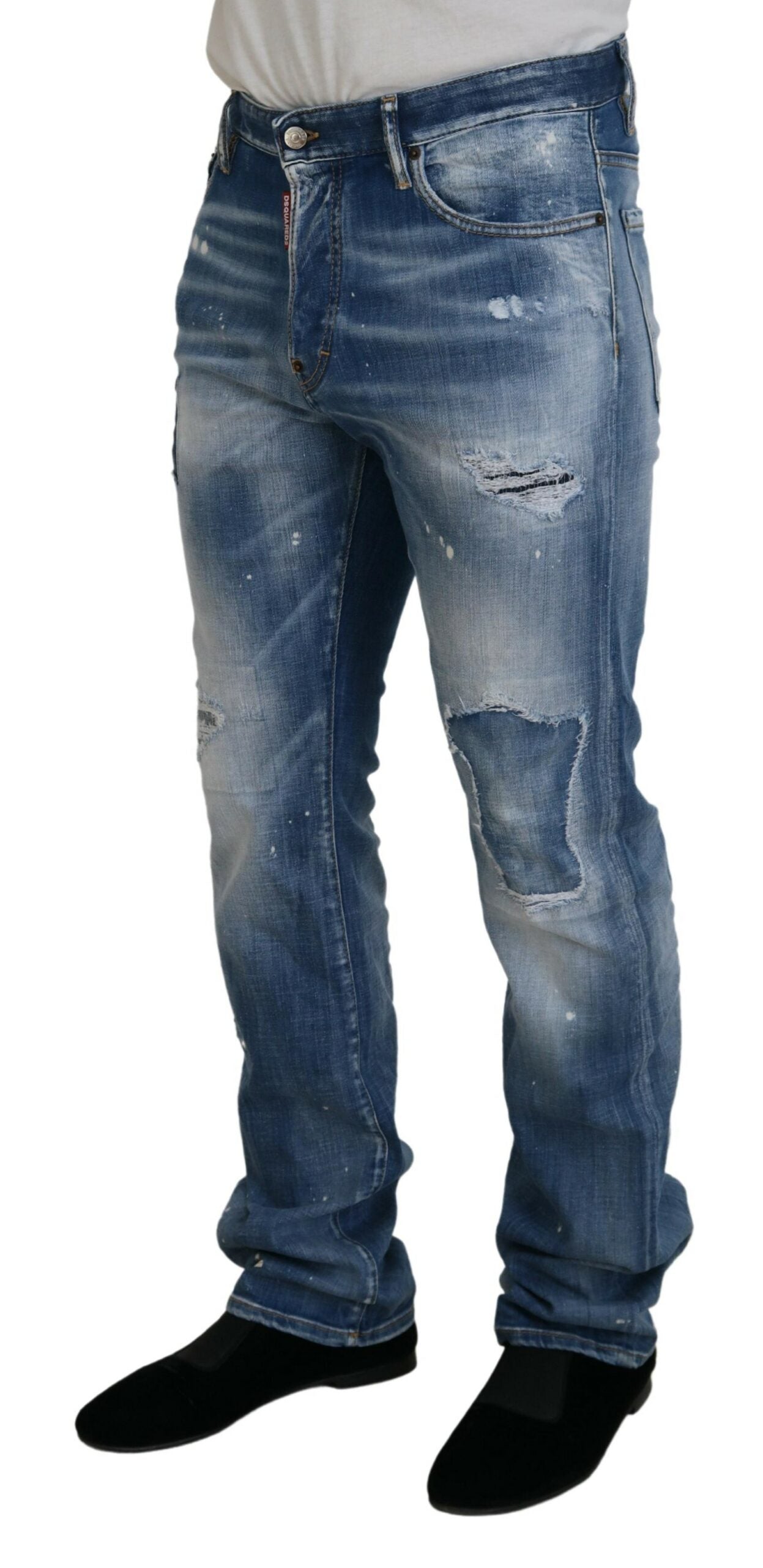 Blauwe gewassen gescheurde rechte jeans met casual pasvorm