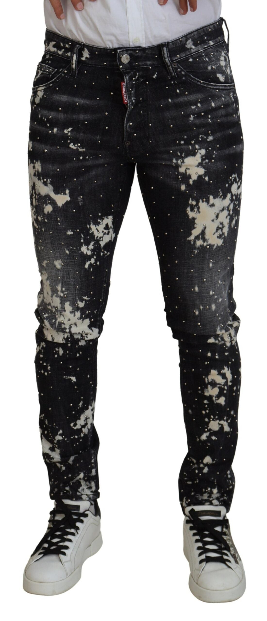 Zwart gewassen witte kleurspatten casual denim jeans