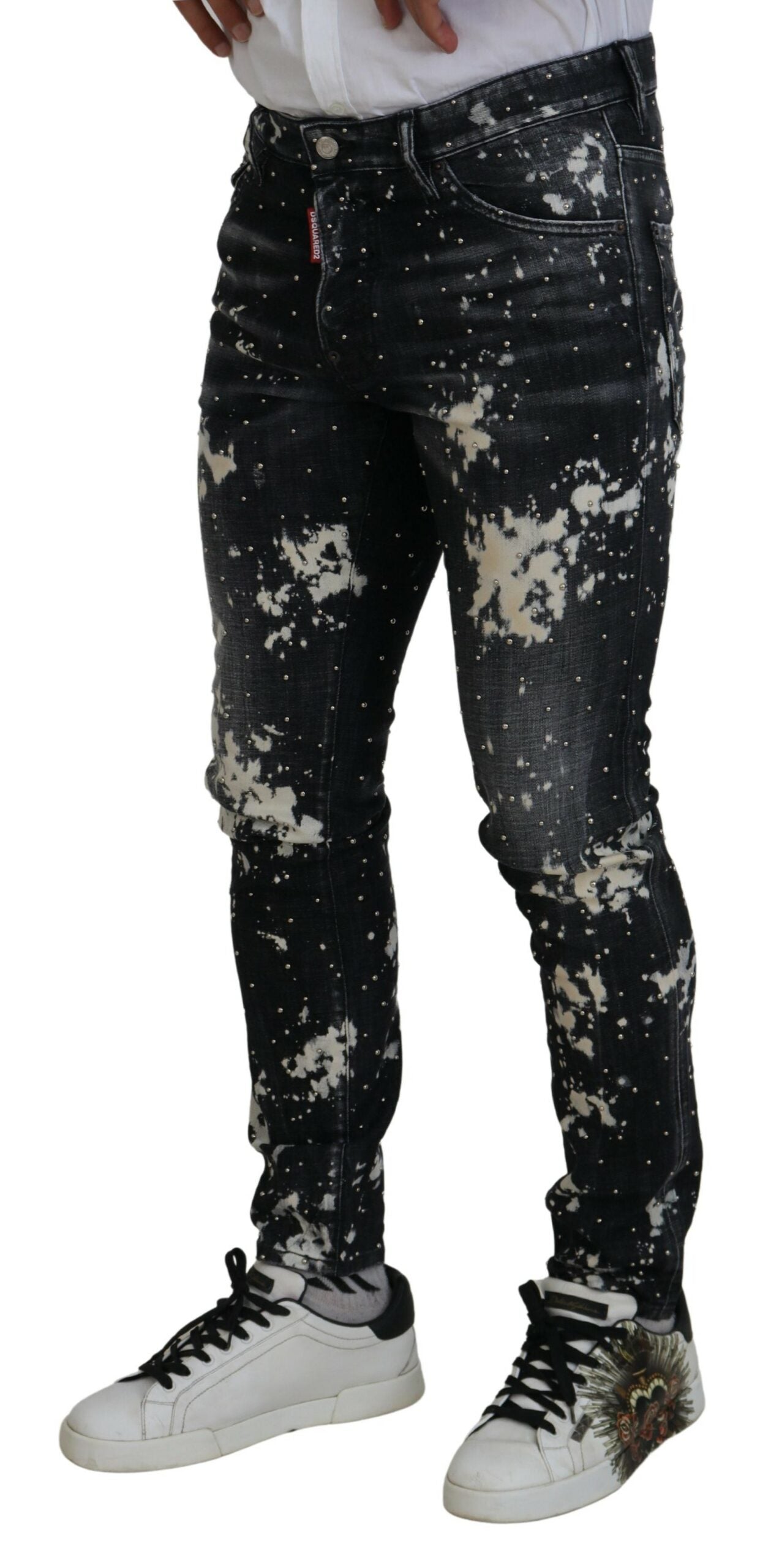 Zwart gewassen witte kleurspatten casual denim jeans