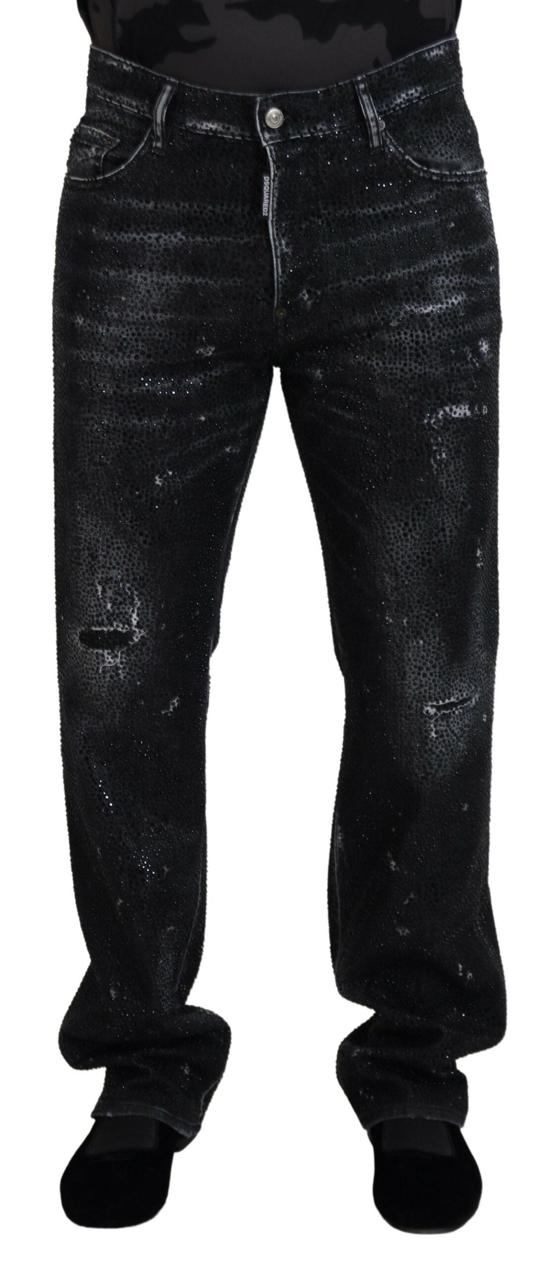 Zwarte, met kristallen versierde, gescheurde denim jeans