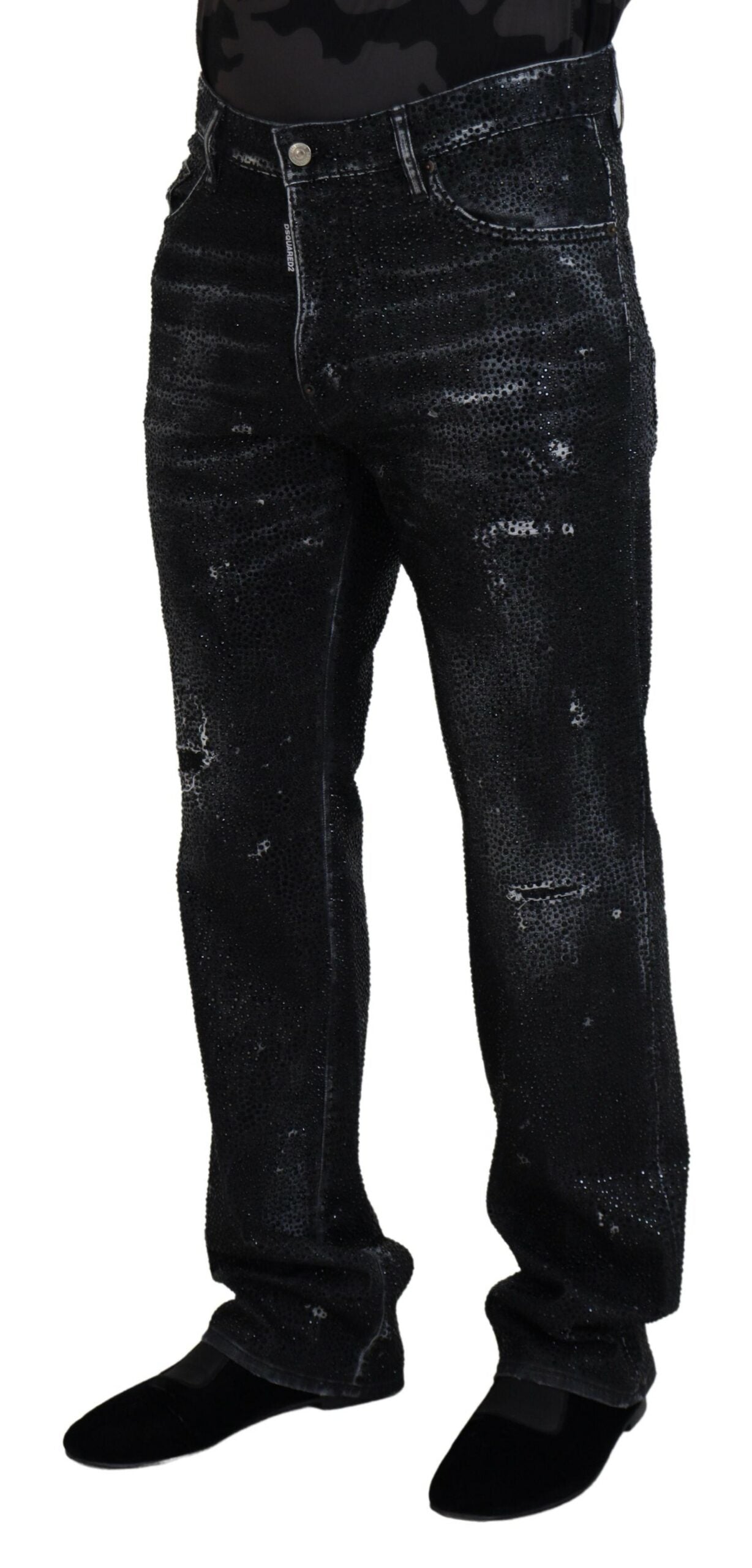 Zwarte, met kristallen versierde, gescheurde denim jeans