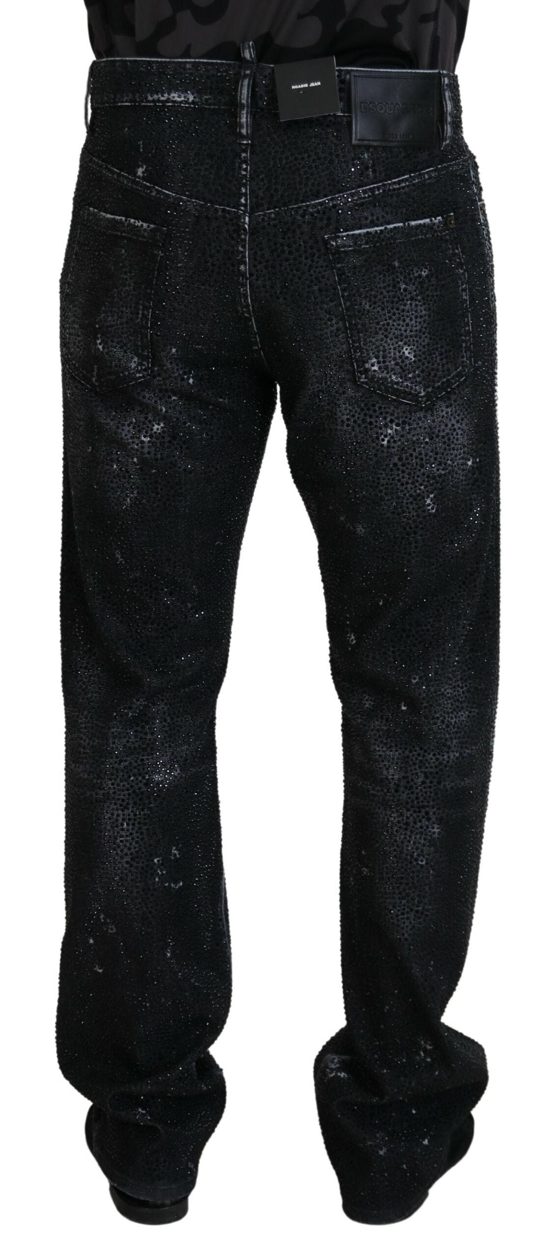 Zwarte, met kristallen versierde, gescheurde denim jeans