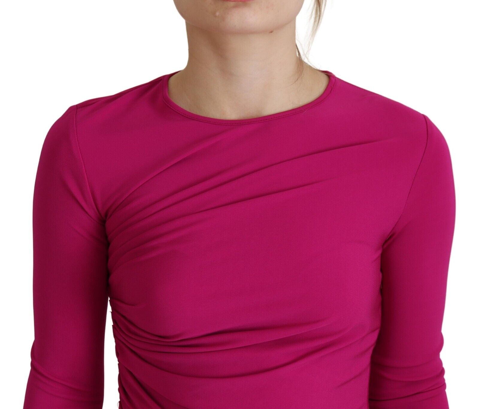 Fuchsia viscose mini-jurk met lange mouwen en ruches
