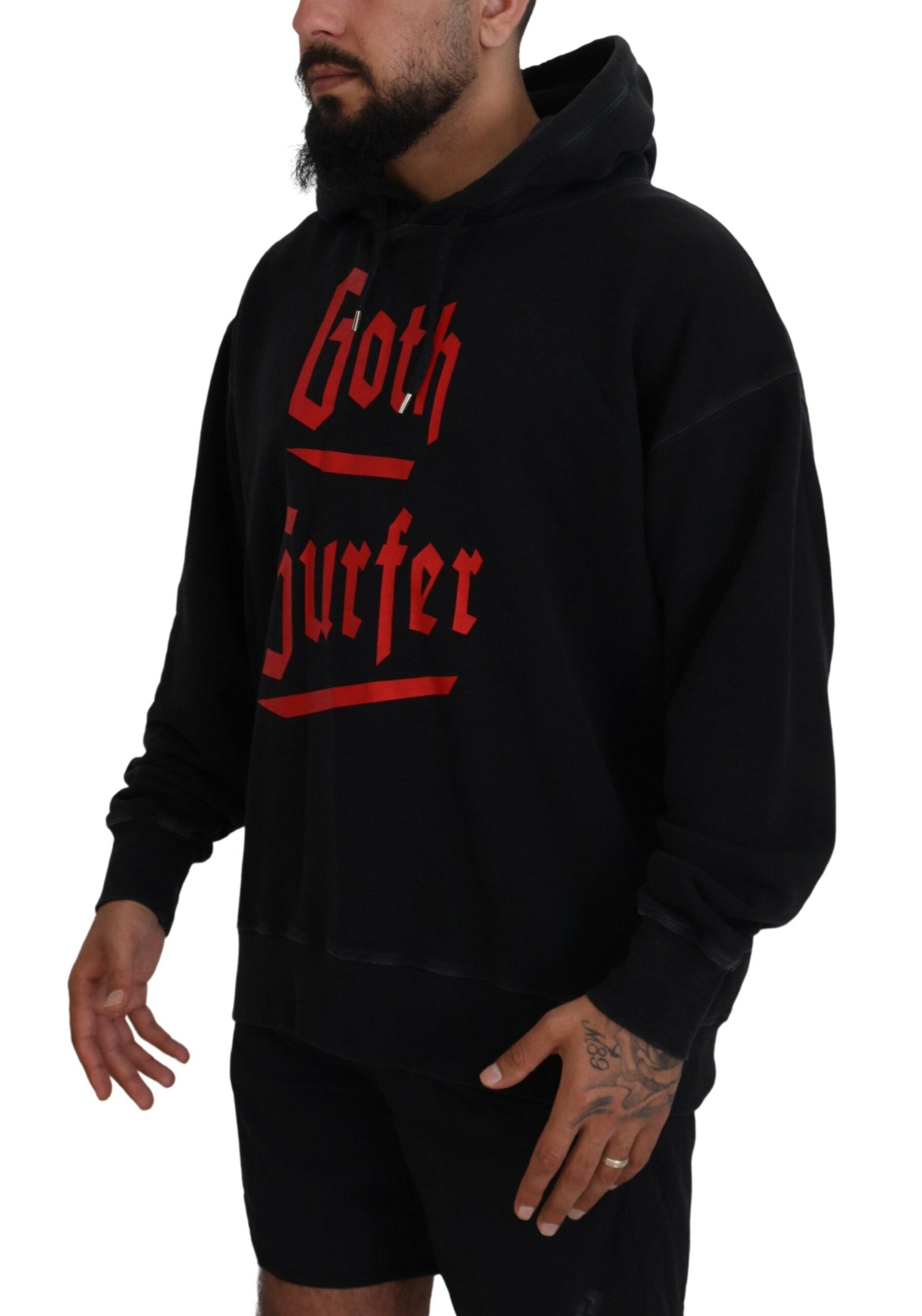 Zwarte katoenen hoodie met capuchon en print voor heren