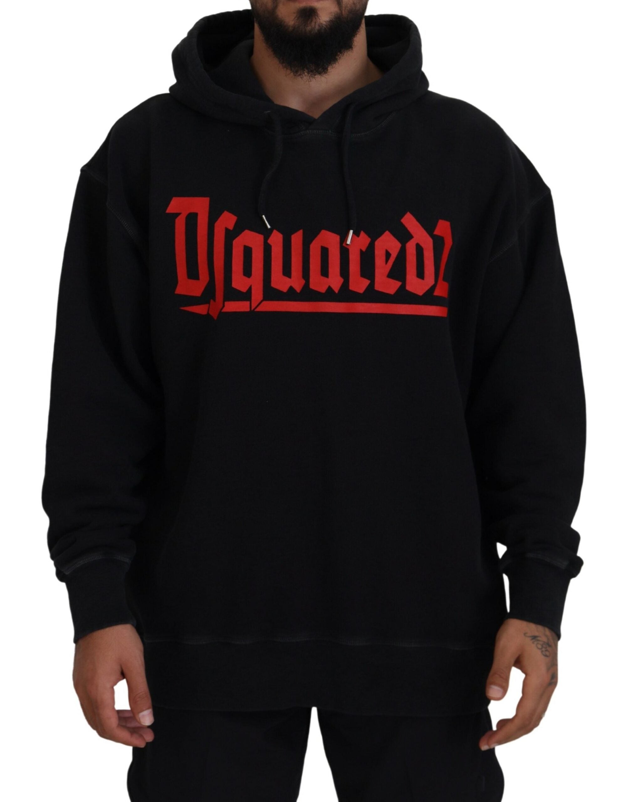 Zwarte katoenen hoodie met capuchon en print voor heren