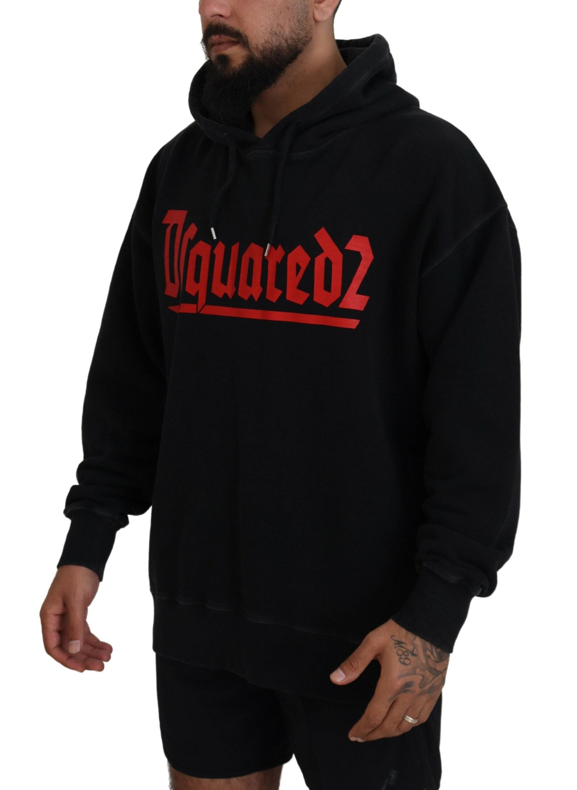Zwarte katoenen hoodie met capuchon en print voor heren