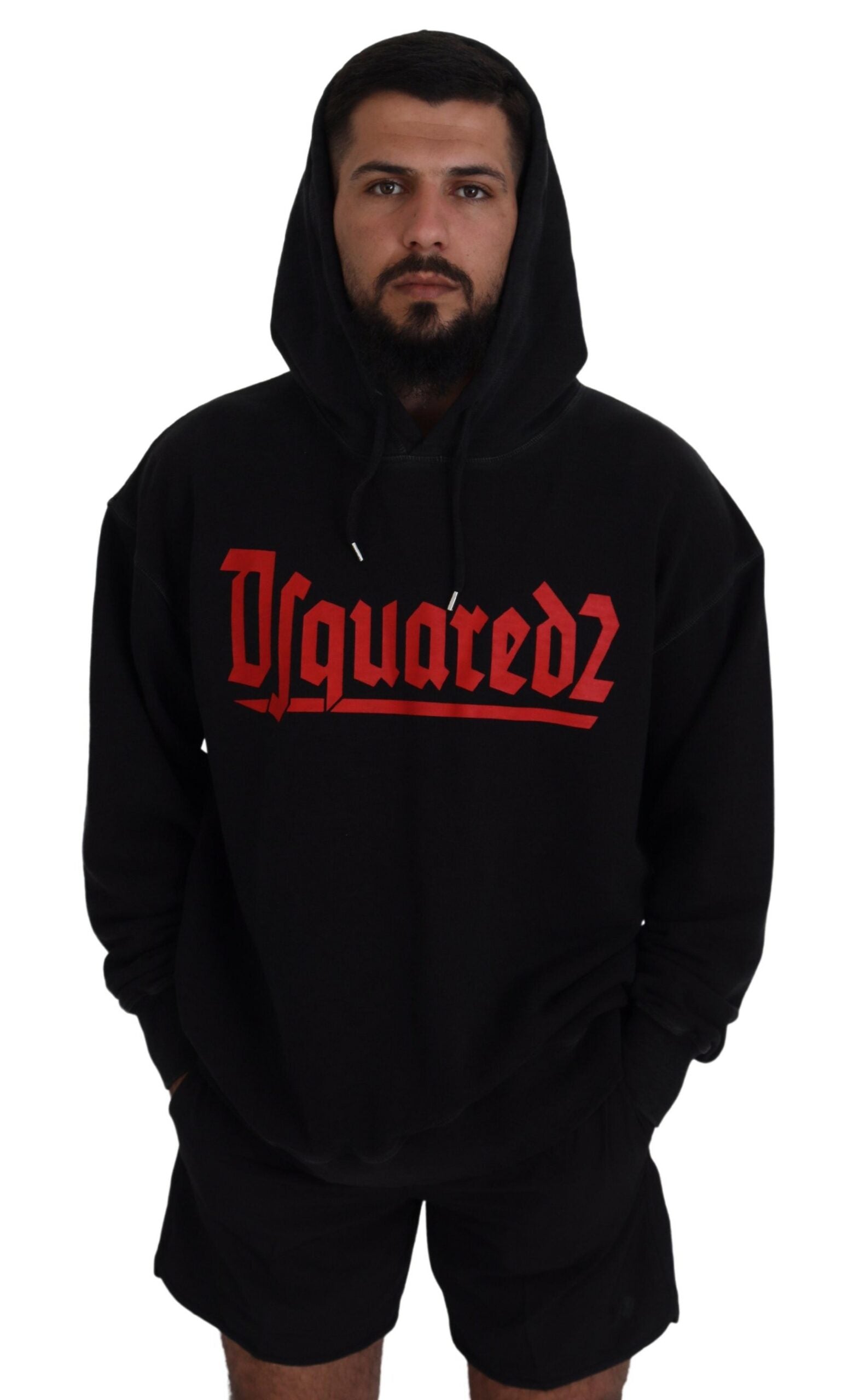 Zwarte katoenen hoodie met capuchon en print voor heren