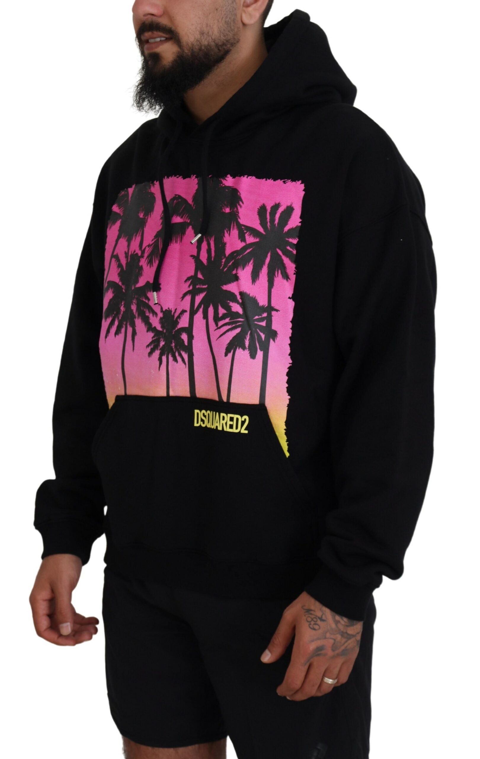 Zwarte katoenen hoodie met capuchon en print voor heren