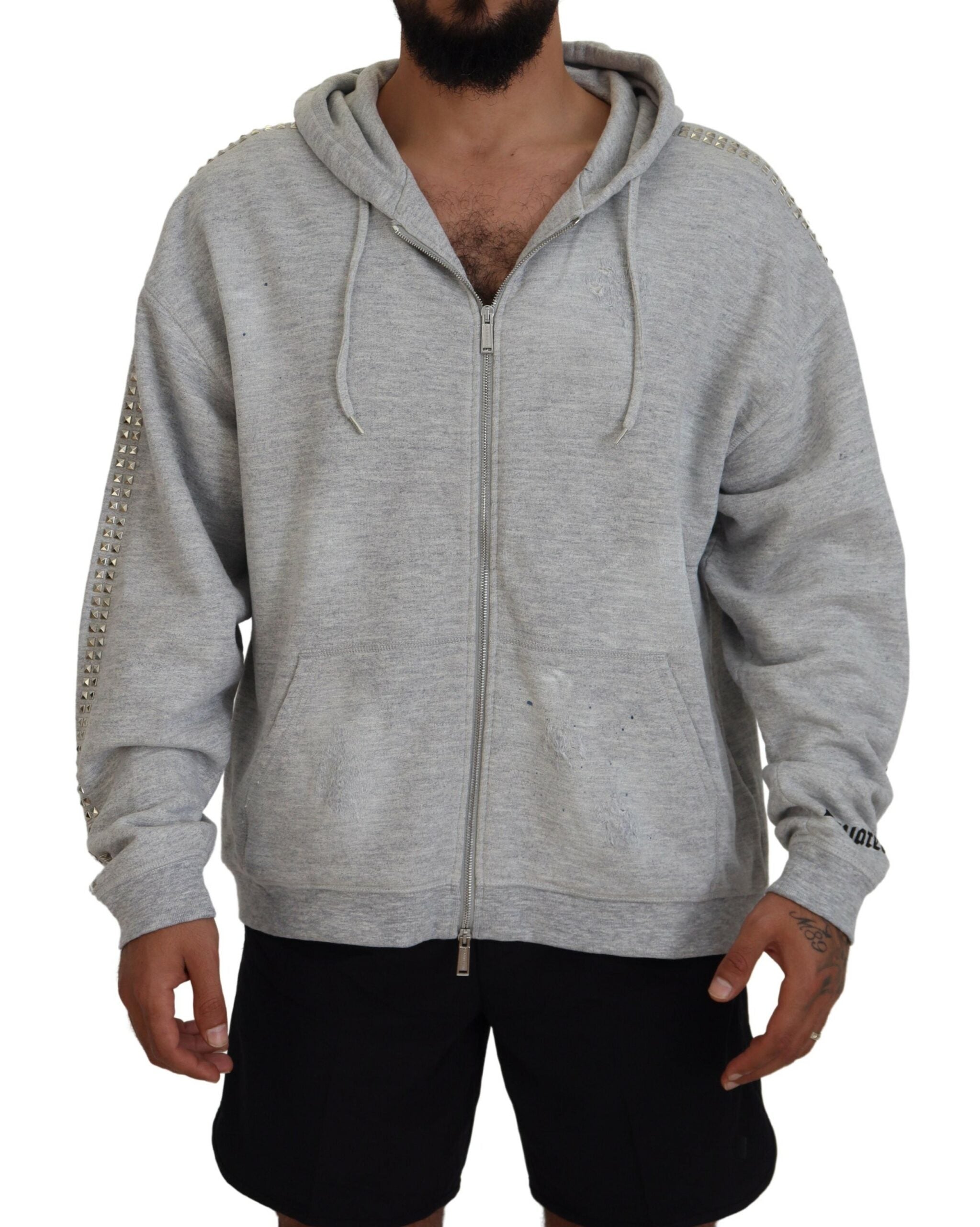 Grijze hoodie met capuchon en kristallen versiering