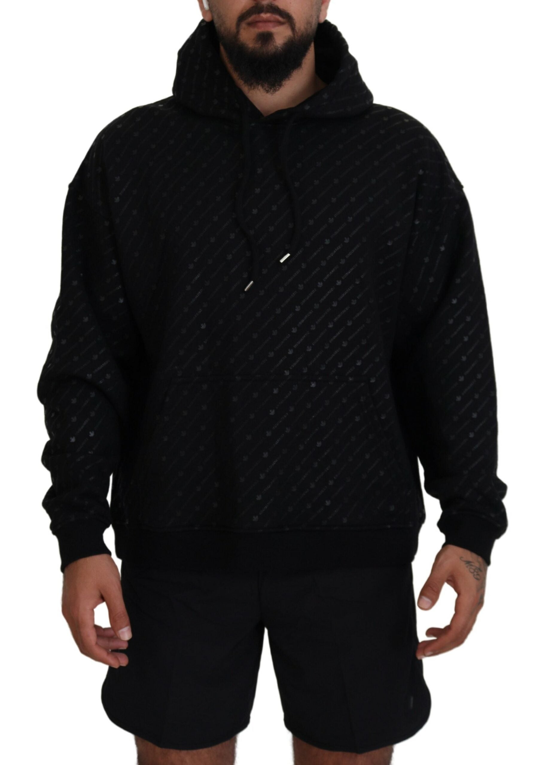 Zwarte katoenen hoodie met capuchon en print voor heren
