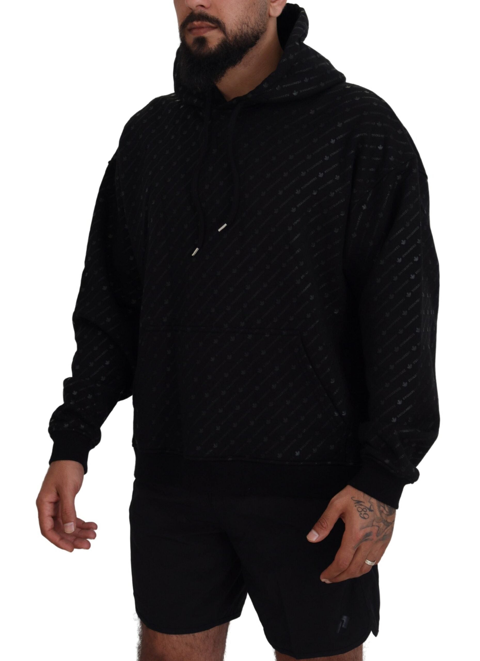 Zwarte katoenen hoodie met capuchon en print voor heren