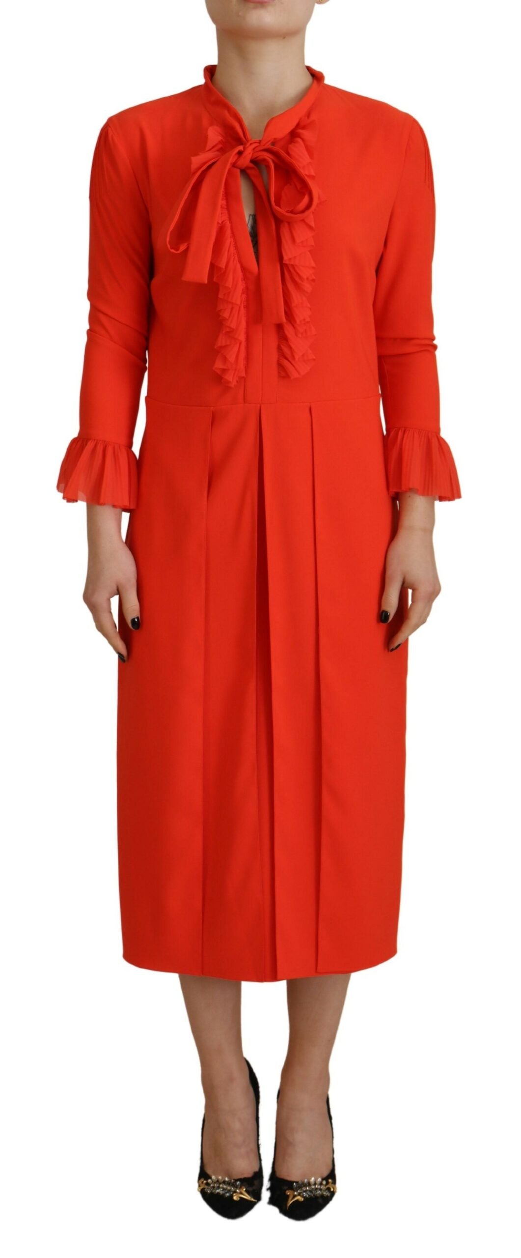 Rode polyester midi-jurk met lange mouwen en plooien