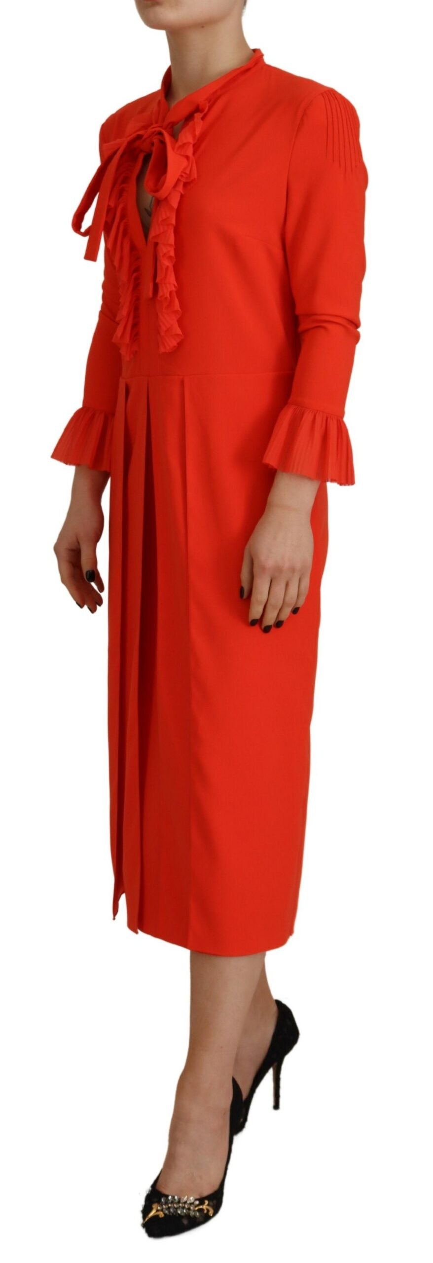 Rode polyester midi-jurk met lange mouwen en plooien