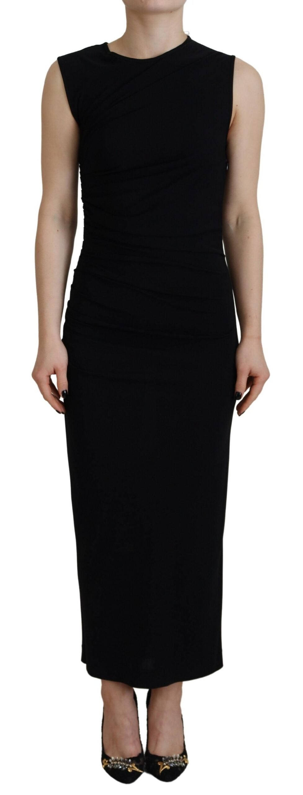 Zwarte viscose mouwloze gerimpelde maxi-jurk