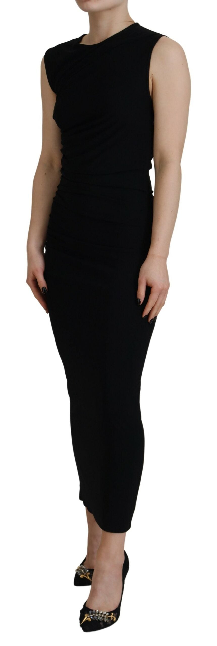 Zwarte viscose mouwloze gerimpelde maxi-jurk