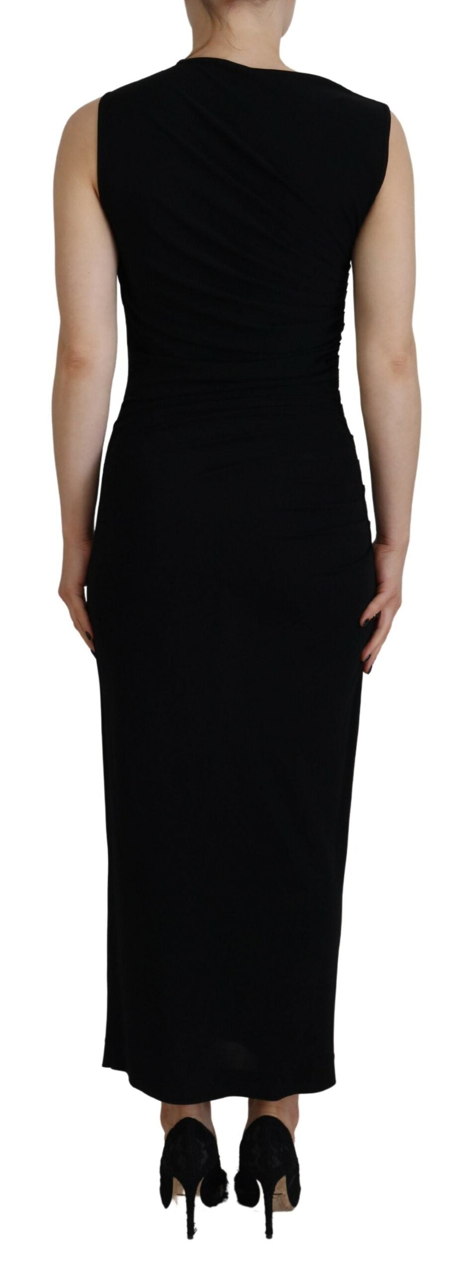 Zwarte viscose mouwloze gerimpelde maxi-jurk