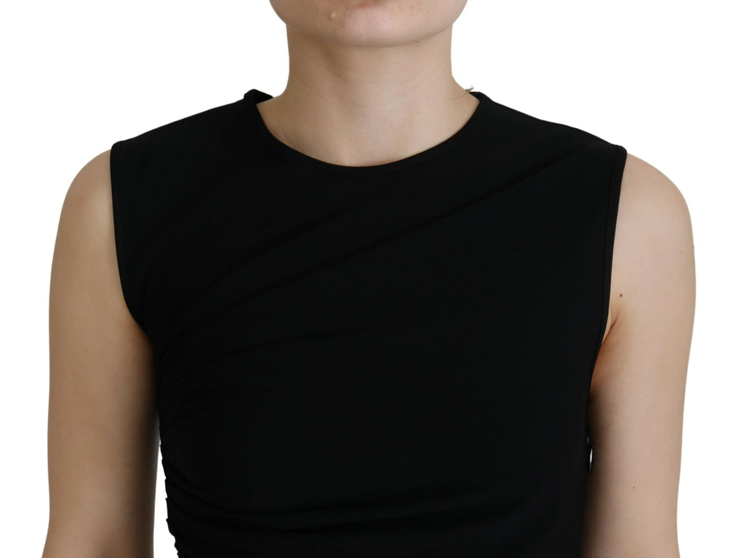 Zwarte viscose mouwloze gerimpelde maxi-jurk