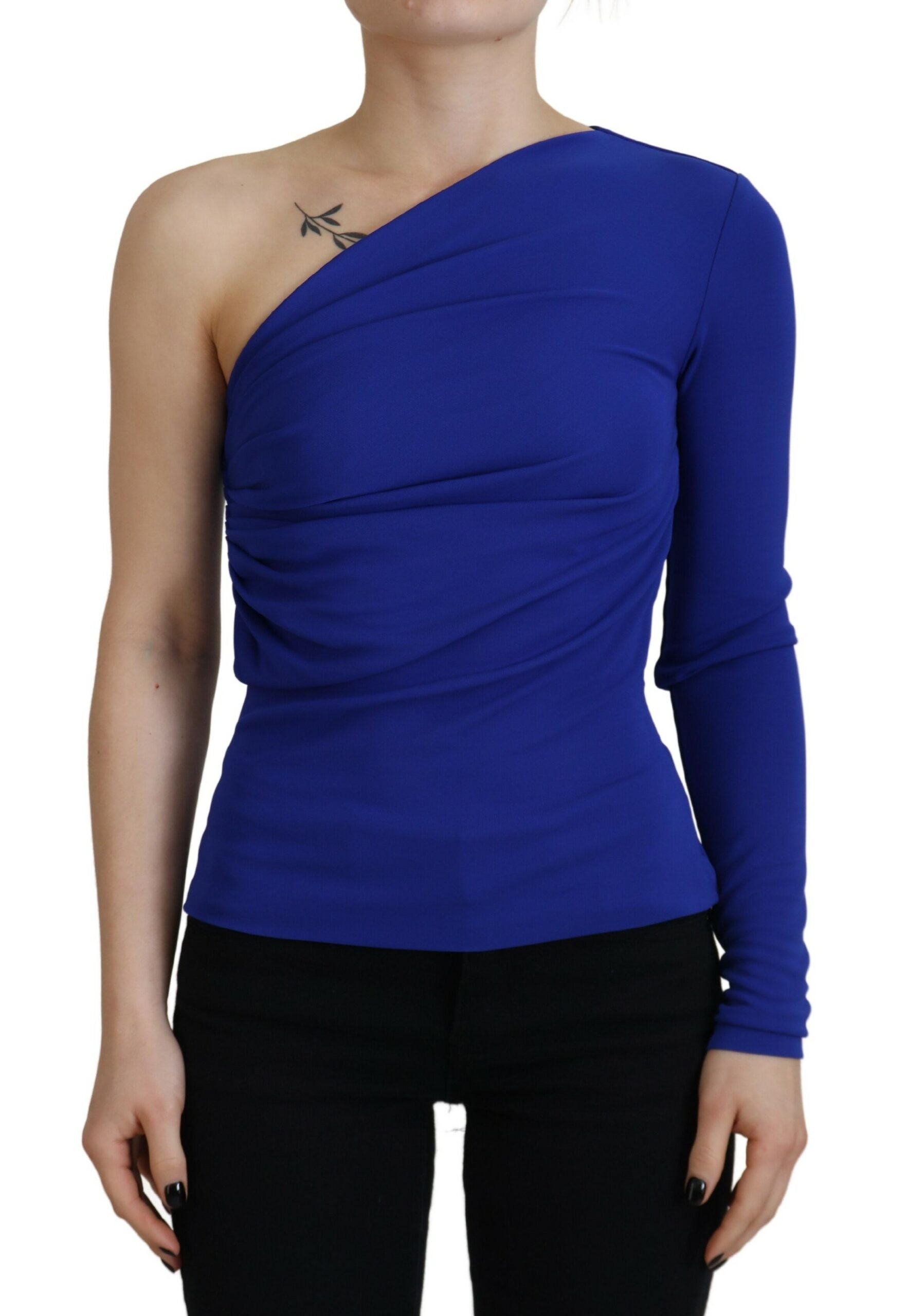 Blauwe viscose blousetop met één schouder en slim fit