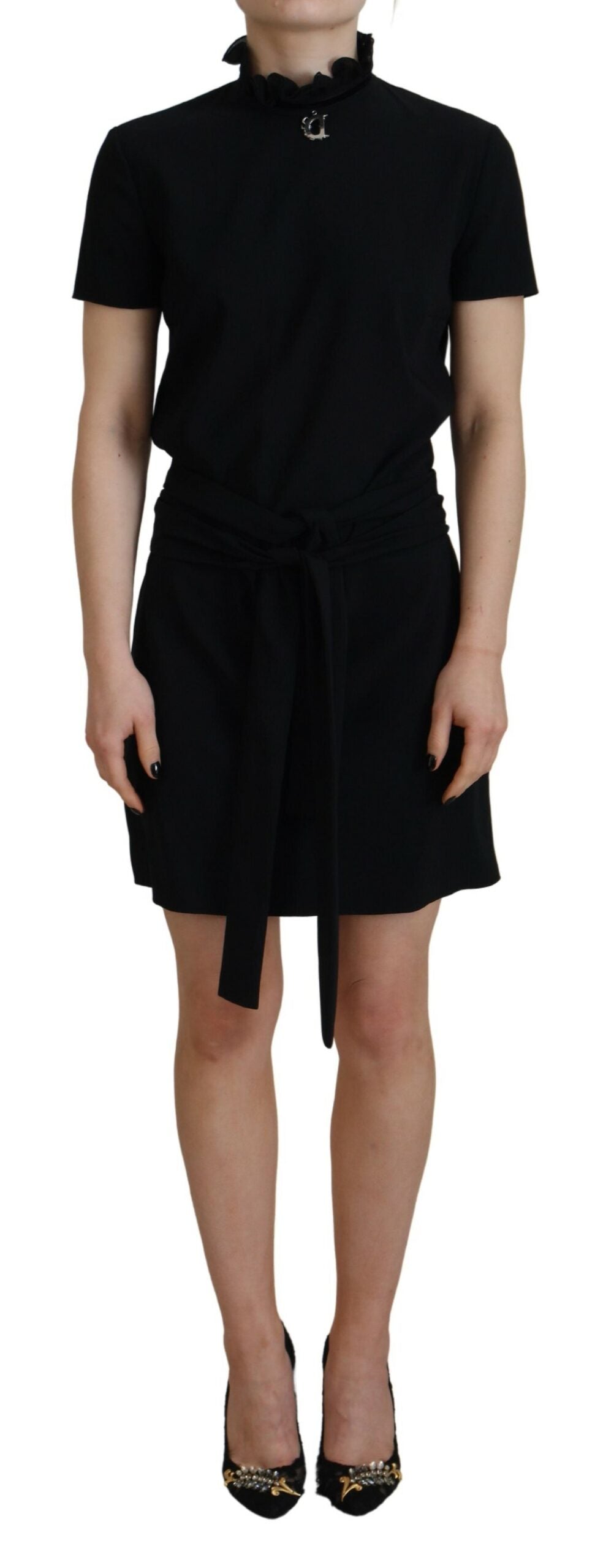 Zwarte polyester korte mouwen mantel mini-jurk