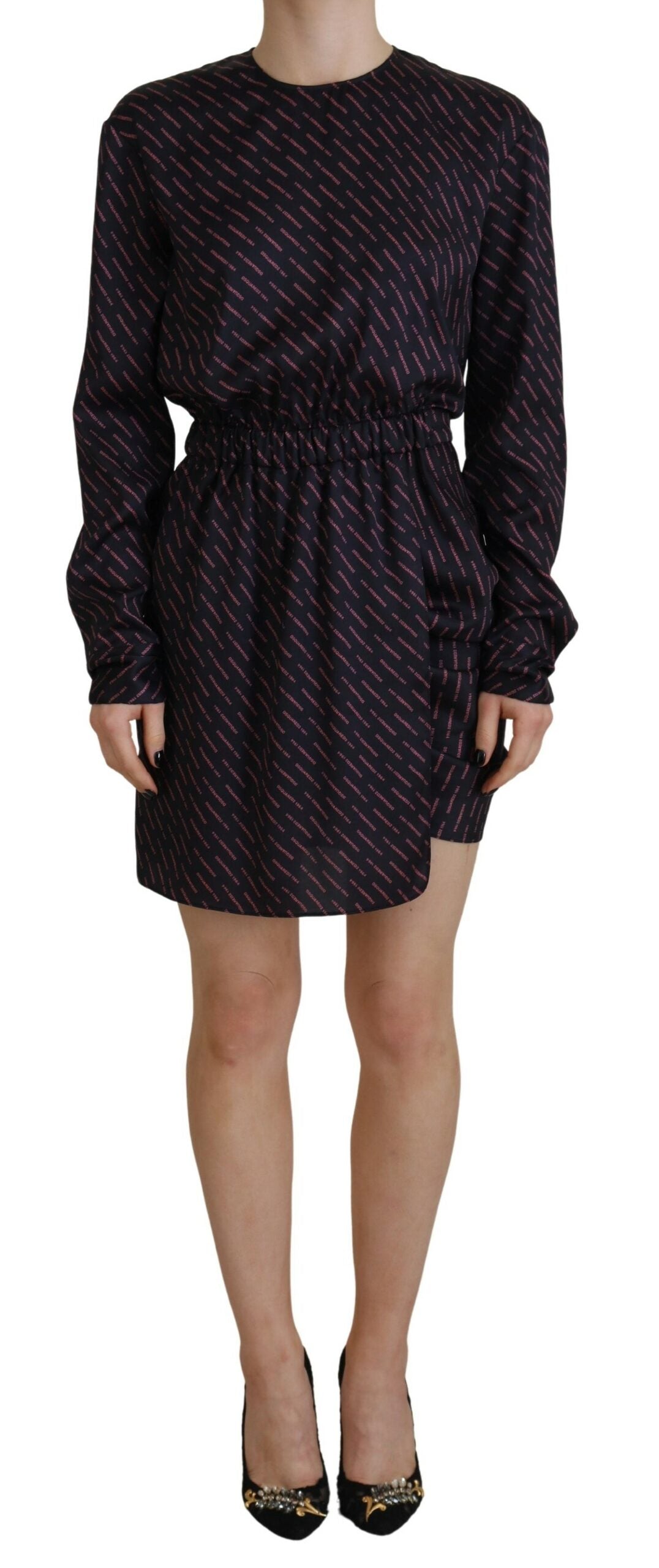Zwarte A-lijn mini-jurk met lange mouwen en logoprint