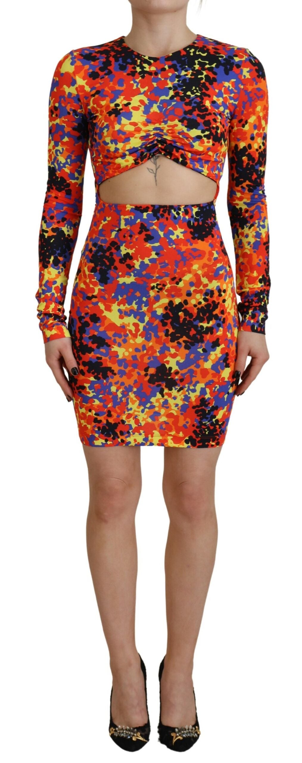 Multicolor Batik Open Buik Lange Mouwen Jurk