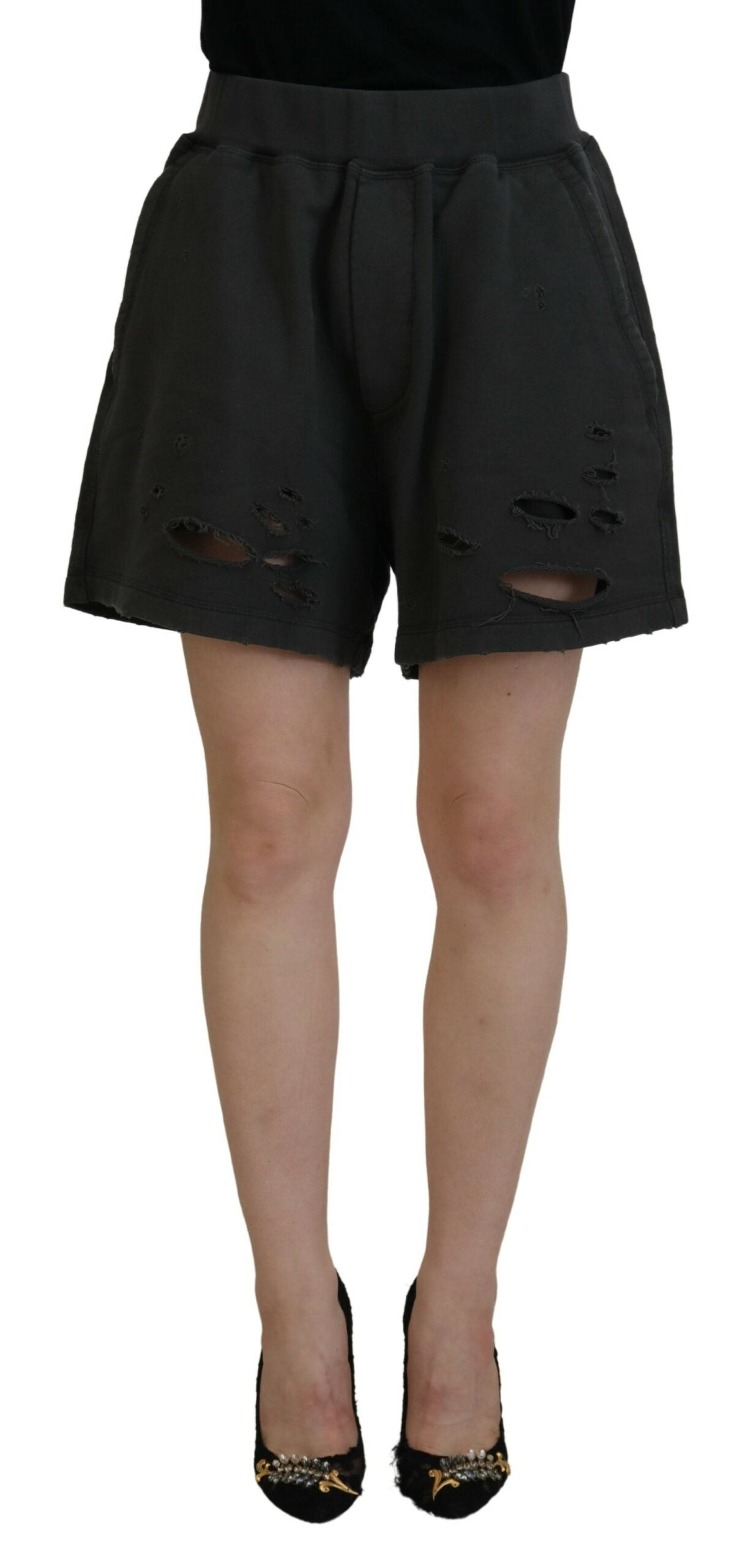 Zwarte katoenen, getailleerde, taps toelopende shorts met middelhoge taille