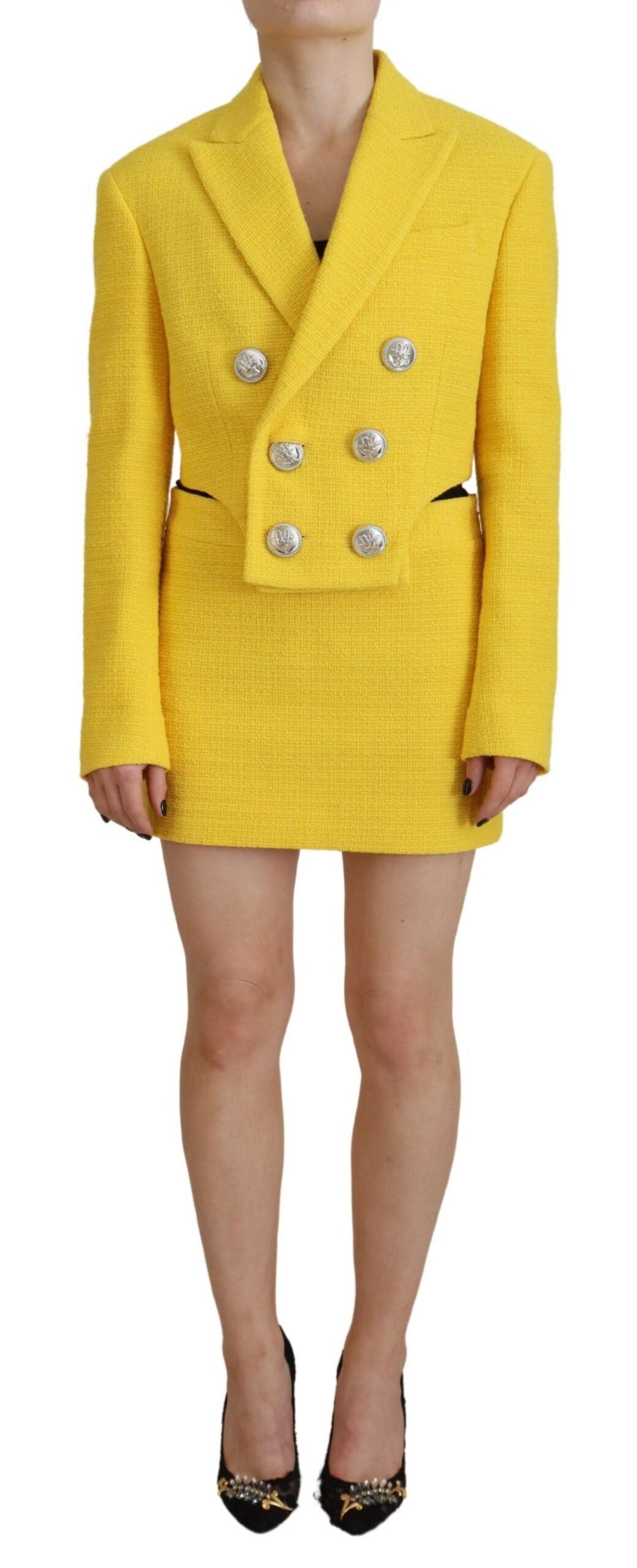 Gele dubbelrijs mini-pak blazer rok set