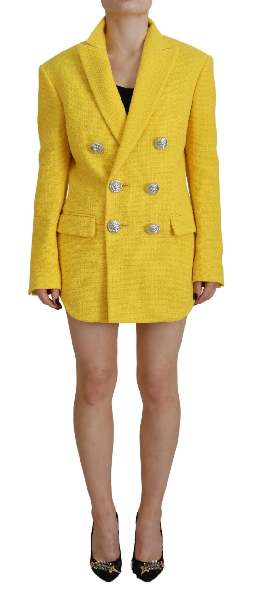 Gele piek dubbelrijs pak blazer korte set