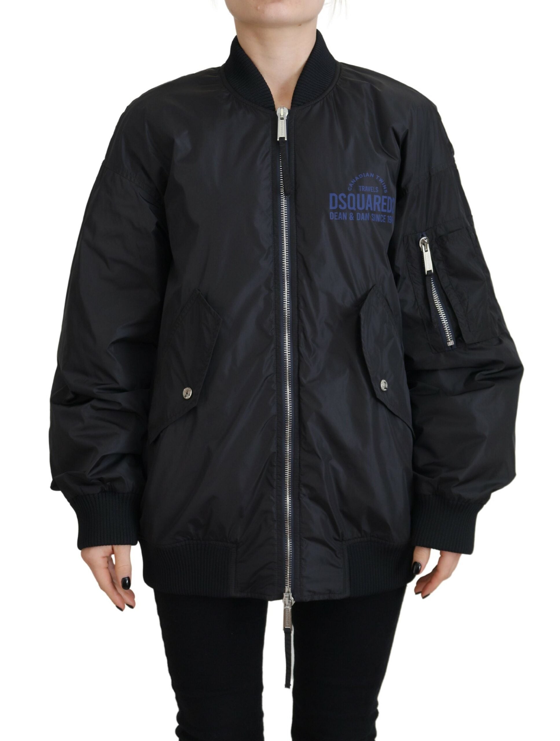 Zwarte damesbomberjack met logoprint en volledige ritssluiting